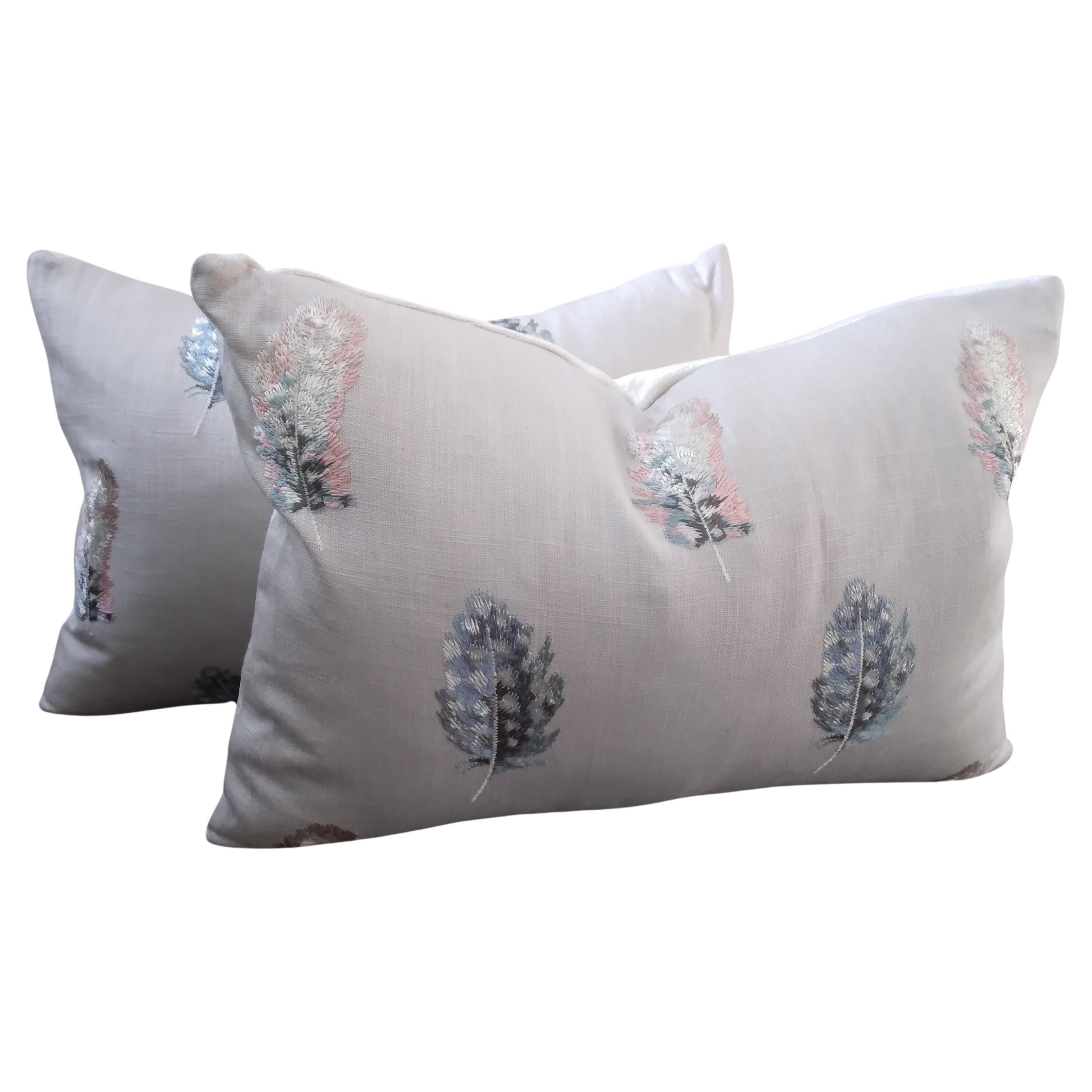 Embroidered Bird Feather Throw Pillows in Pastel Pink and Blue For Sale