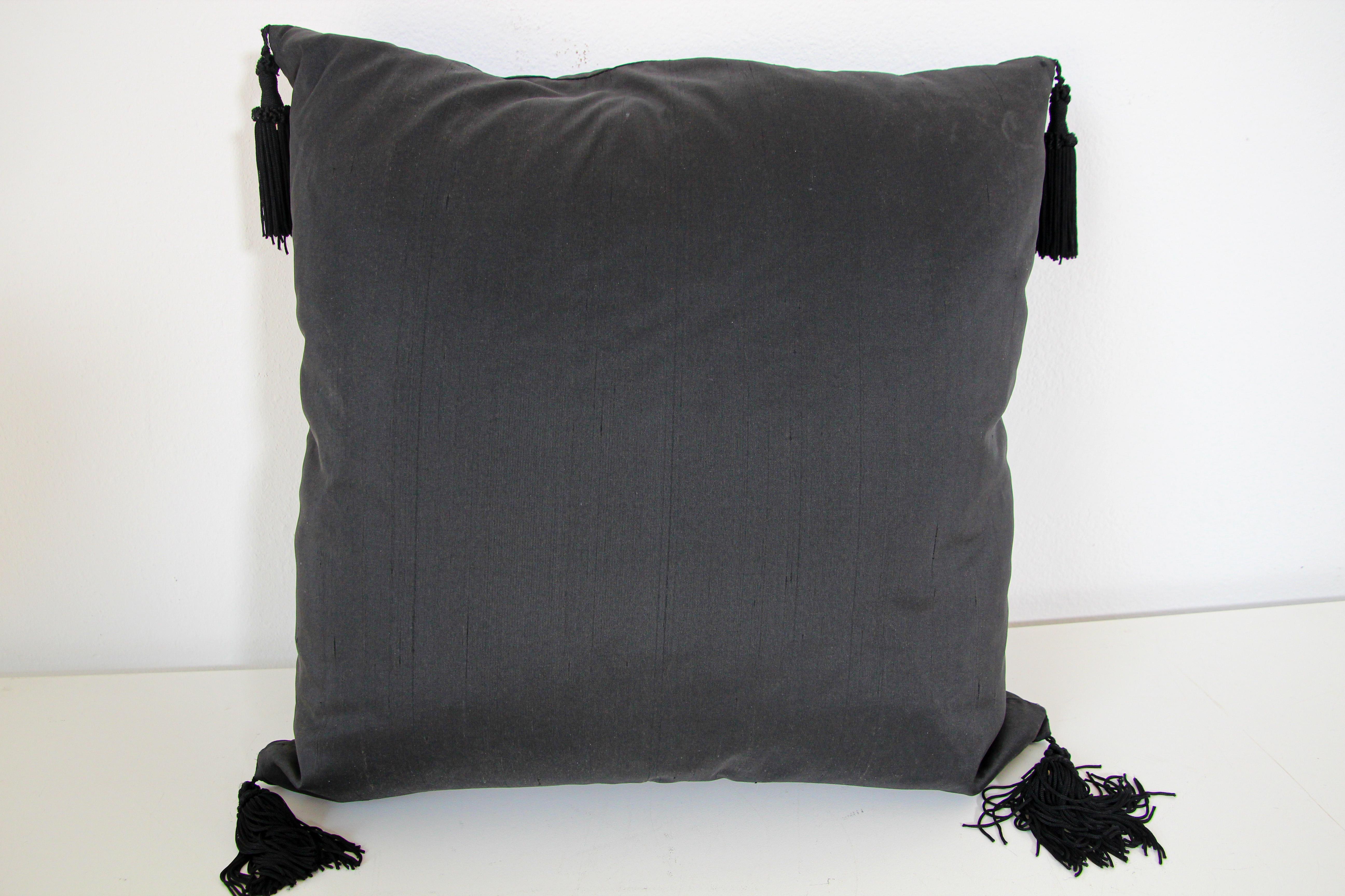 Embroidered Black Silk Decorative Throw Pillow with Tassels For Sale 4