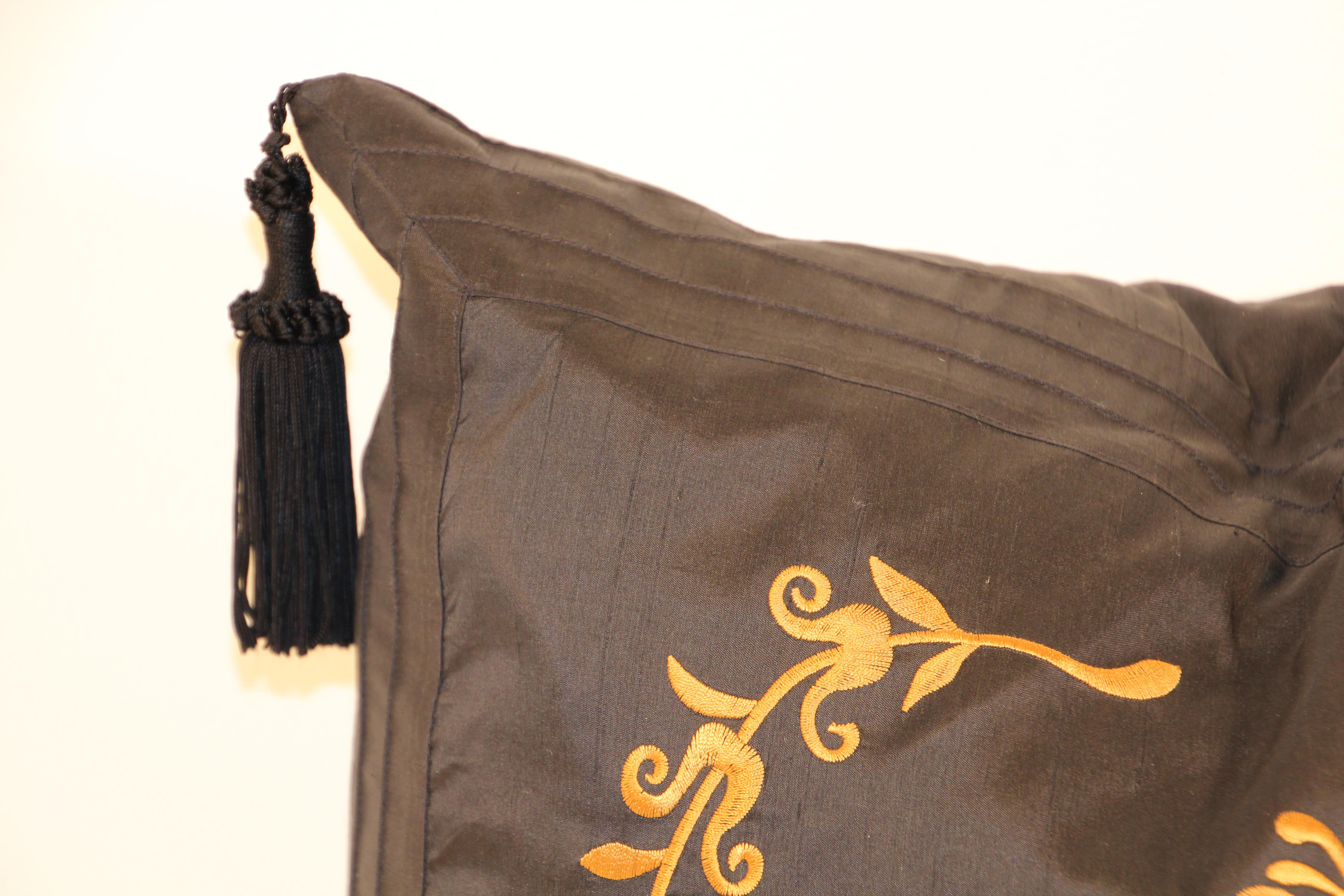 Embroidered Black Silk Decorative Throw Pillow with Tassels 4