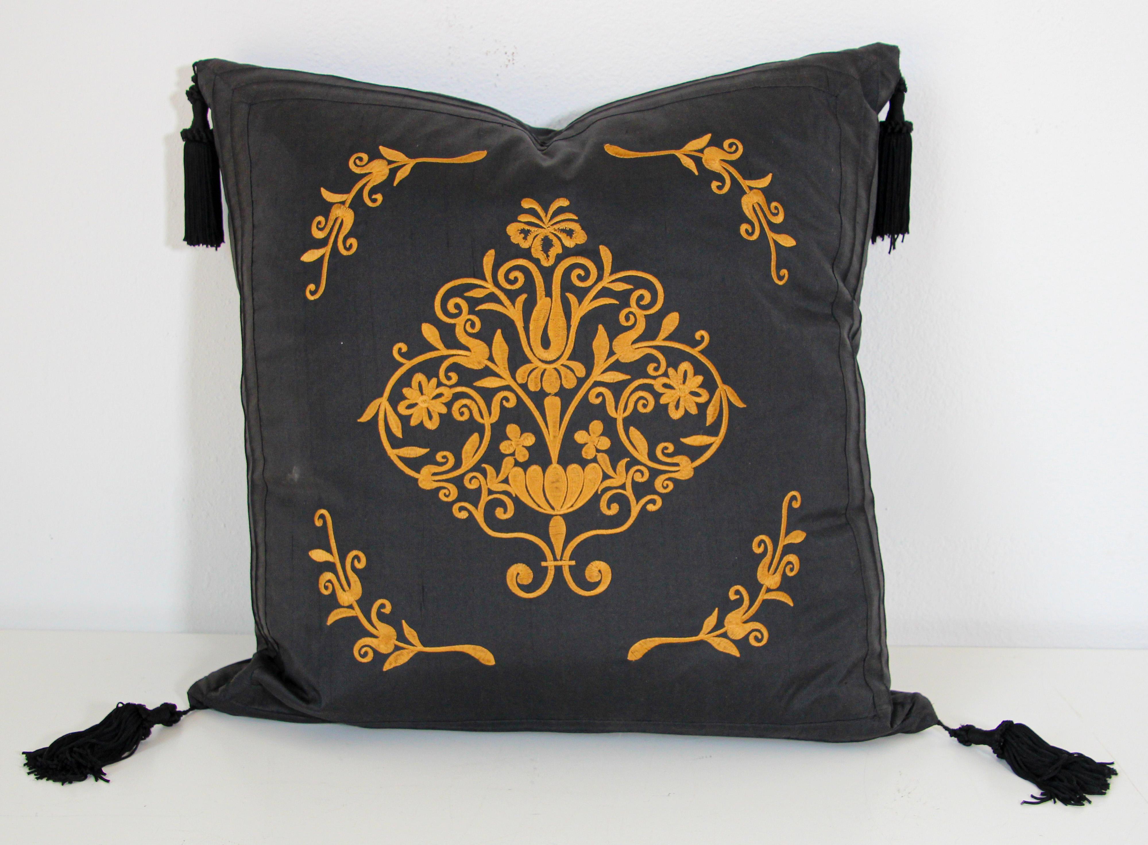 Embroidered Black Silk Decorative Throw Pillow with Tassels 5