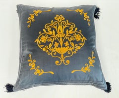 Embroidered Black Silk Throw Pillow with Tassels, Indian Design, 1980