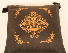 Embroidered Black Silk Decorative Throw Pillow with Tassels