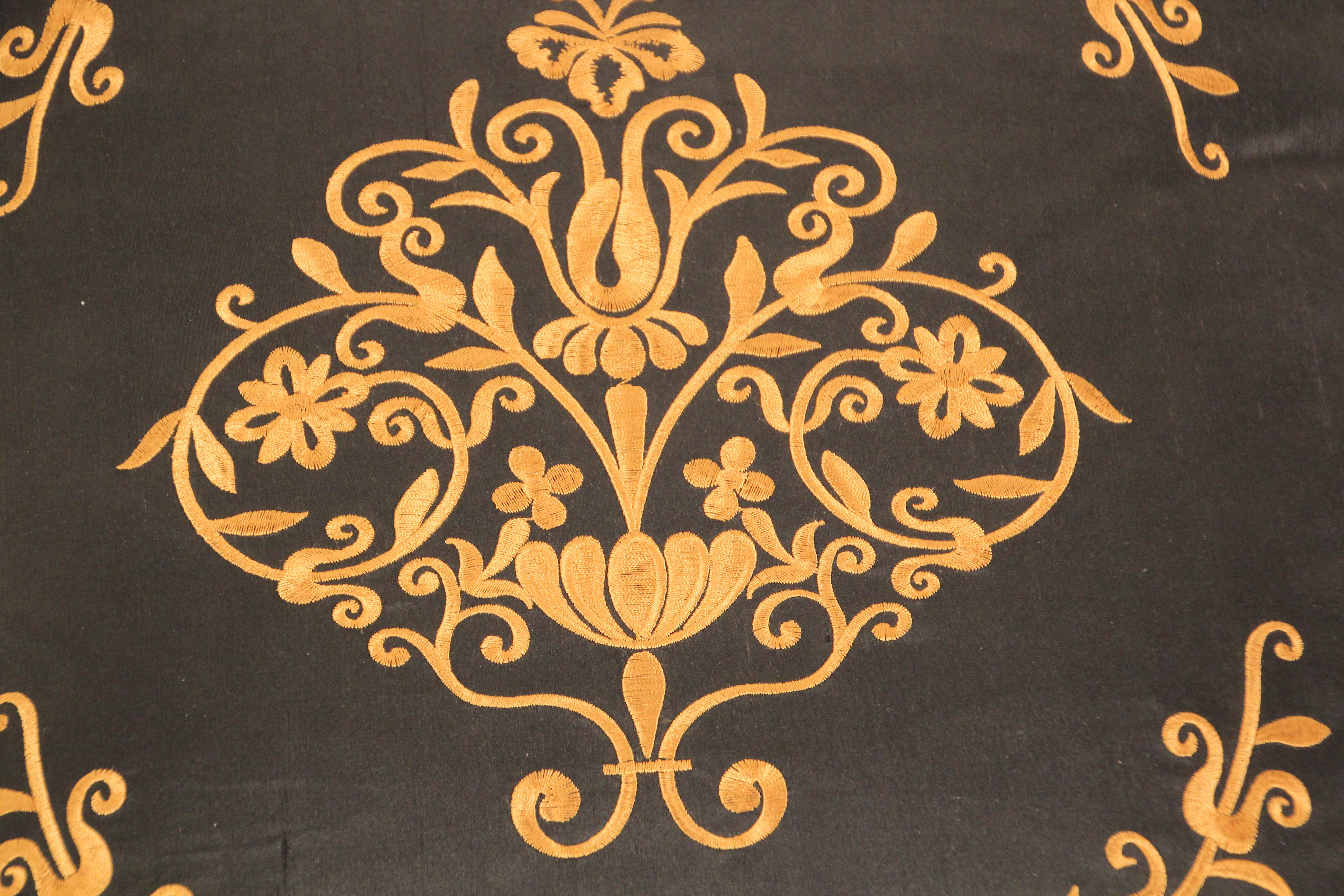 Moorish Embroidered Black Silk Decorative Throw Pillow with Tassels