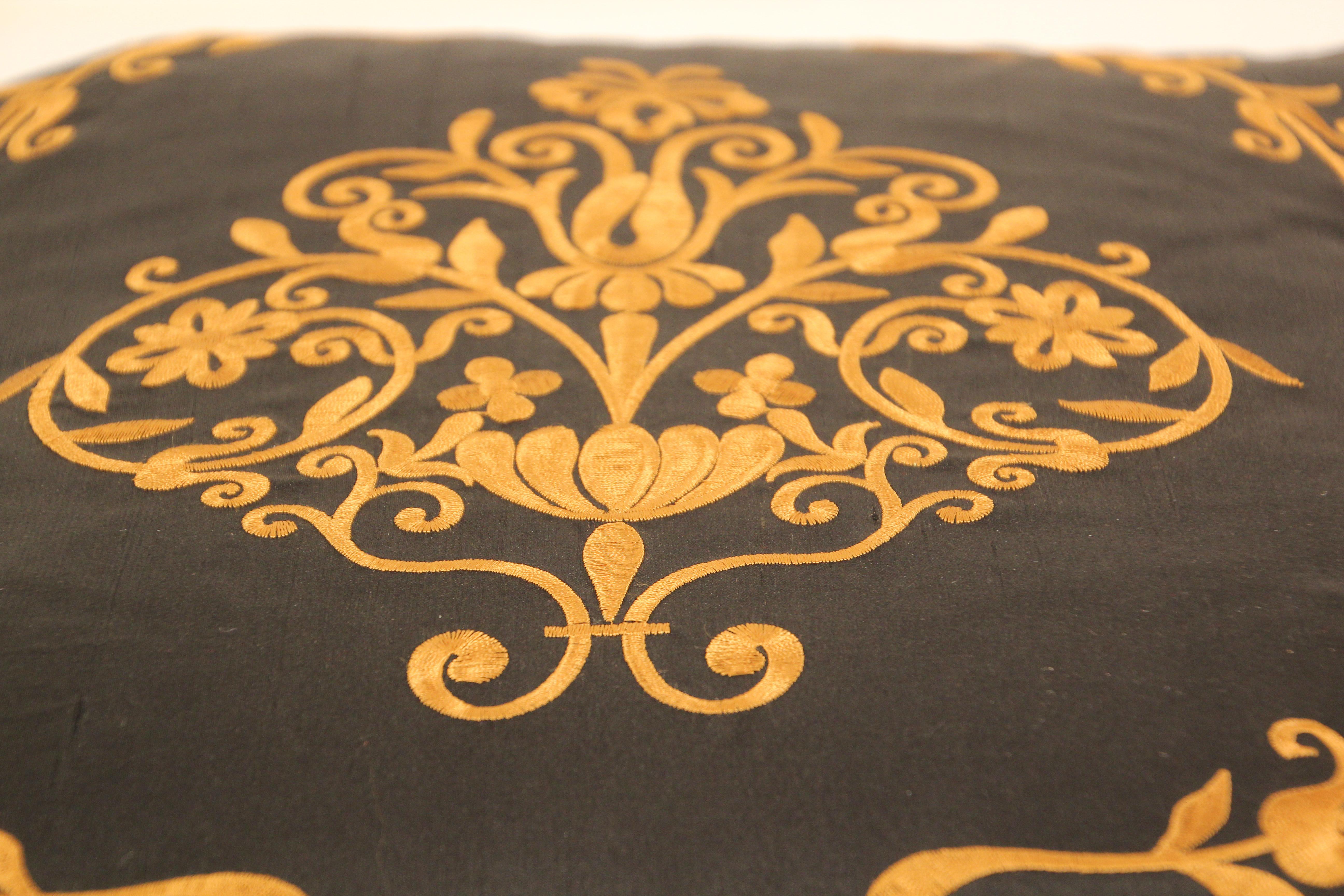 Embroidered Black Silk Decorative Throw Pillow with Tassels In Good Condition In North Hollywood, CA