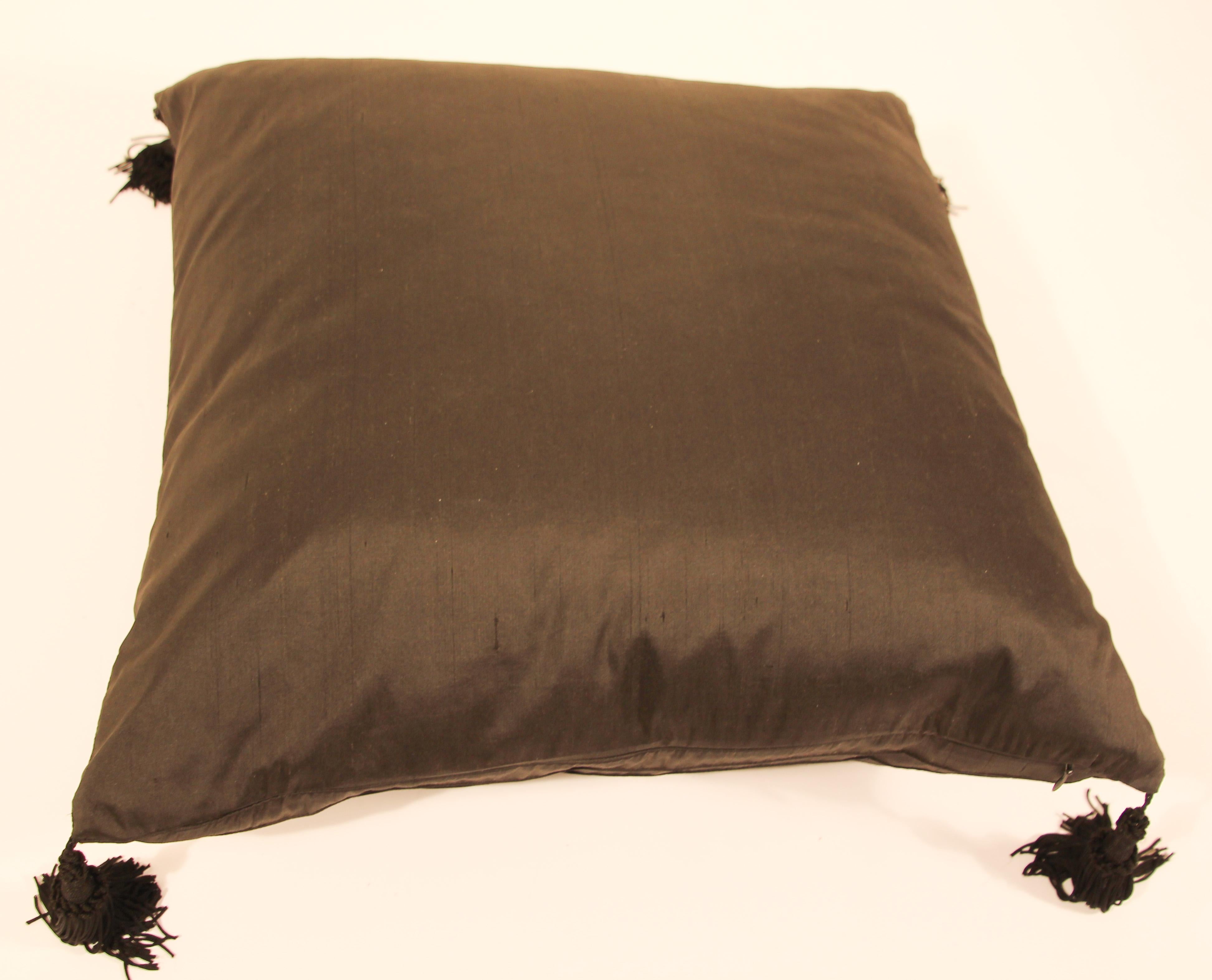 Embroidered Black Silk Decorative Throw Pillow with Tassels 1