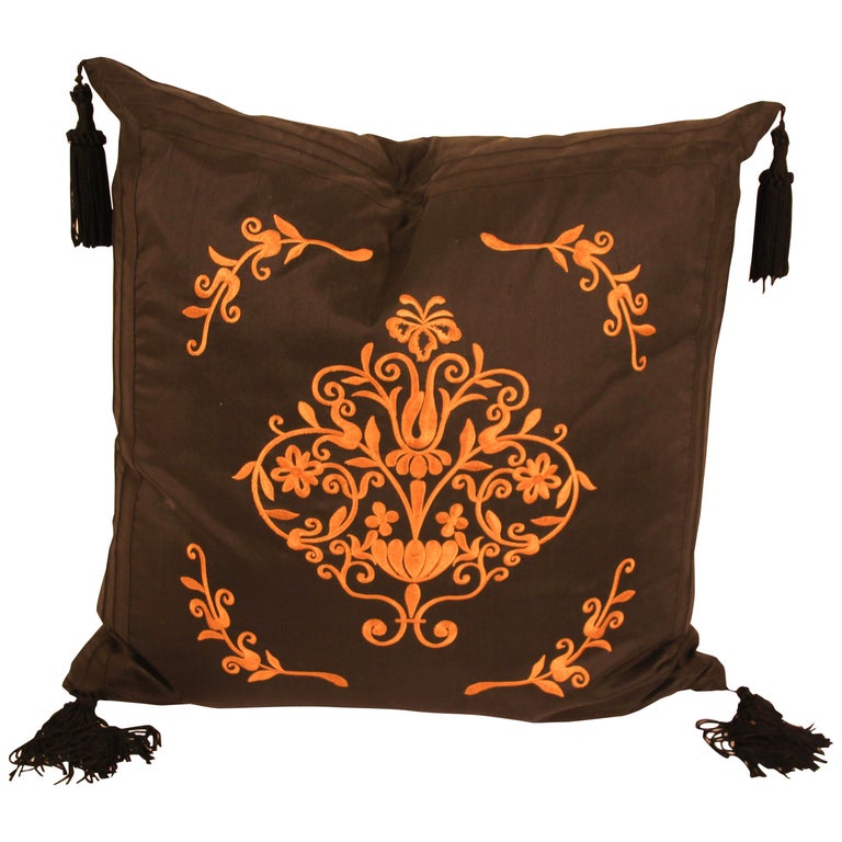Embroidered Black Silk Decorative Throw Pillow with Tassels at 1stDibs