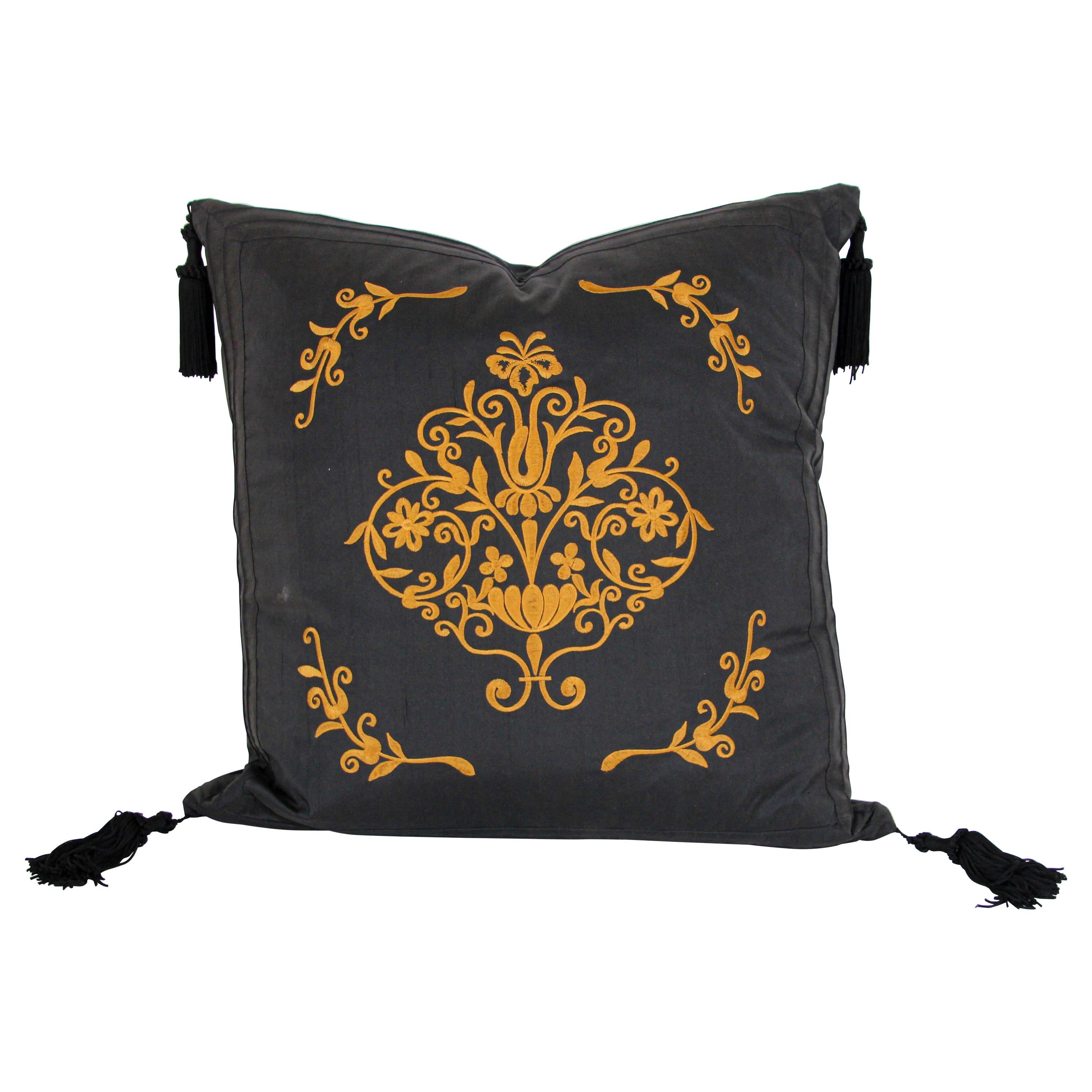 Embroidered Black Silk Decorative Throw Pillow with Tassels For Sale