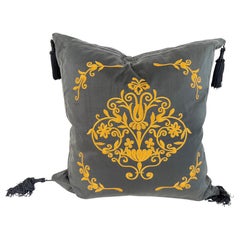 Embroidered Black Silk Throw Pillow with Tassels, Indian Design, 1980