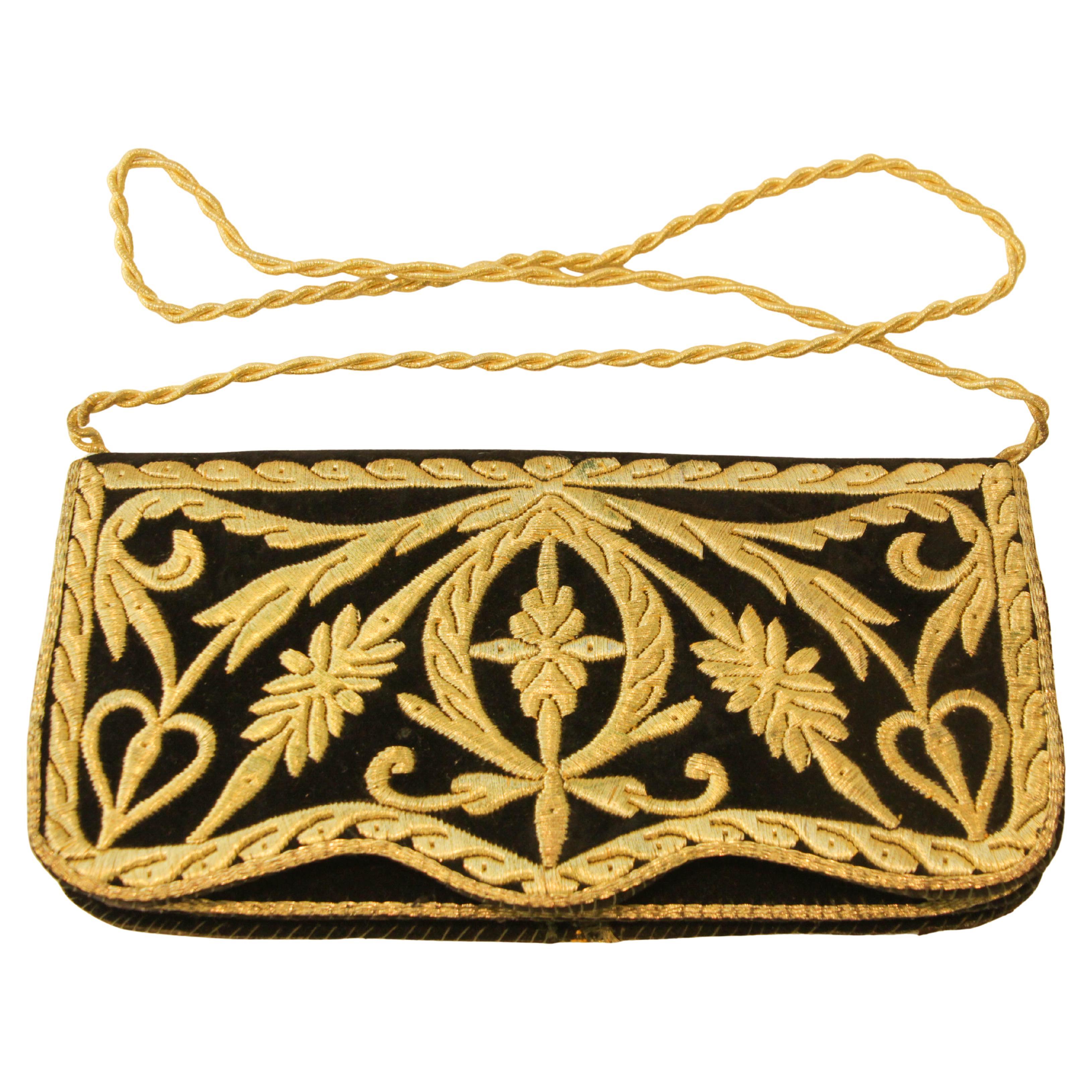 Embroidered Black Velvet Moroccan clutch Vintage 1960s