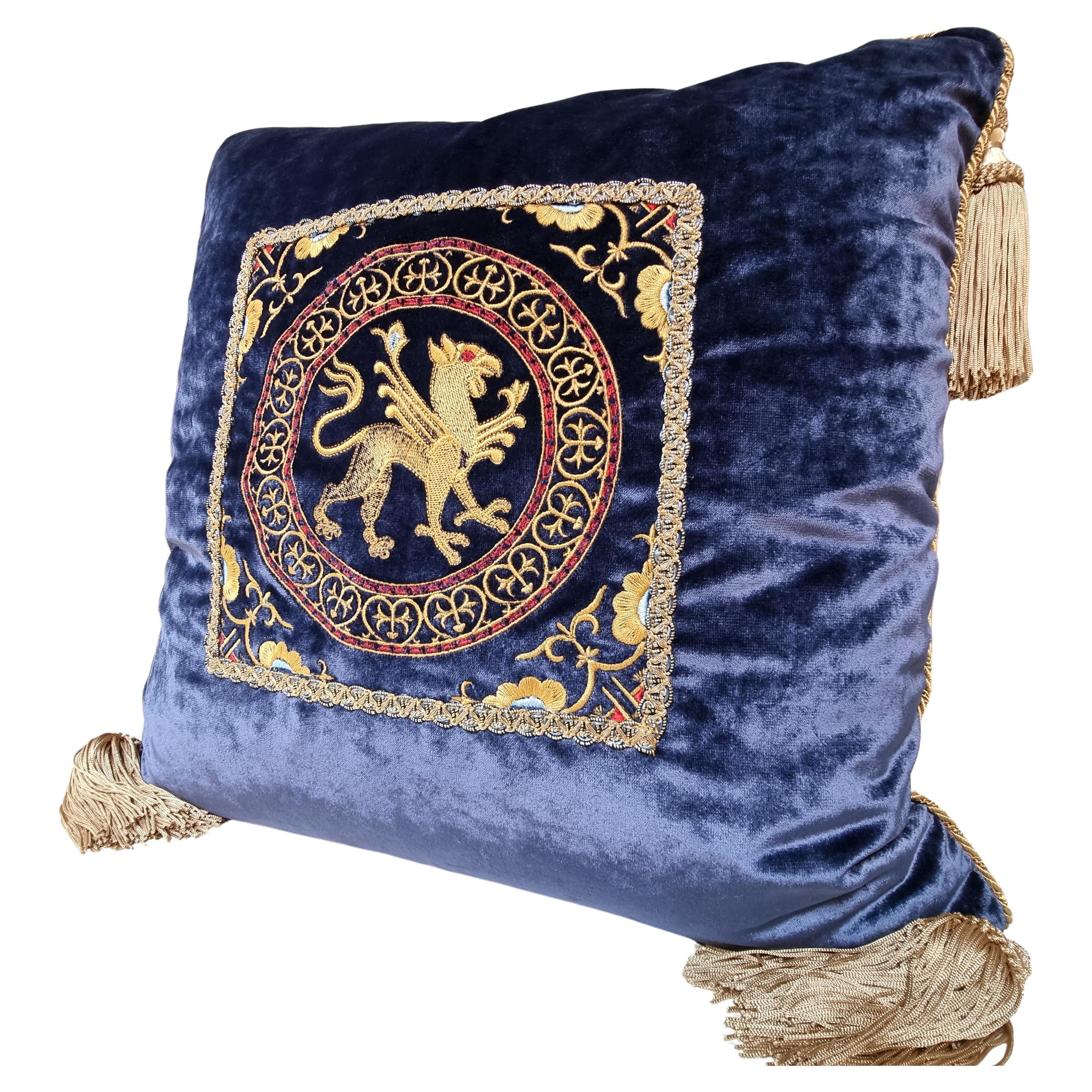 Italian Embroidered Blue Velvet Throw Pillow with Tassels For Sale