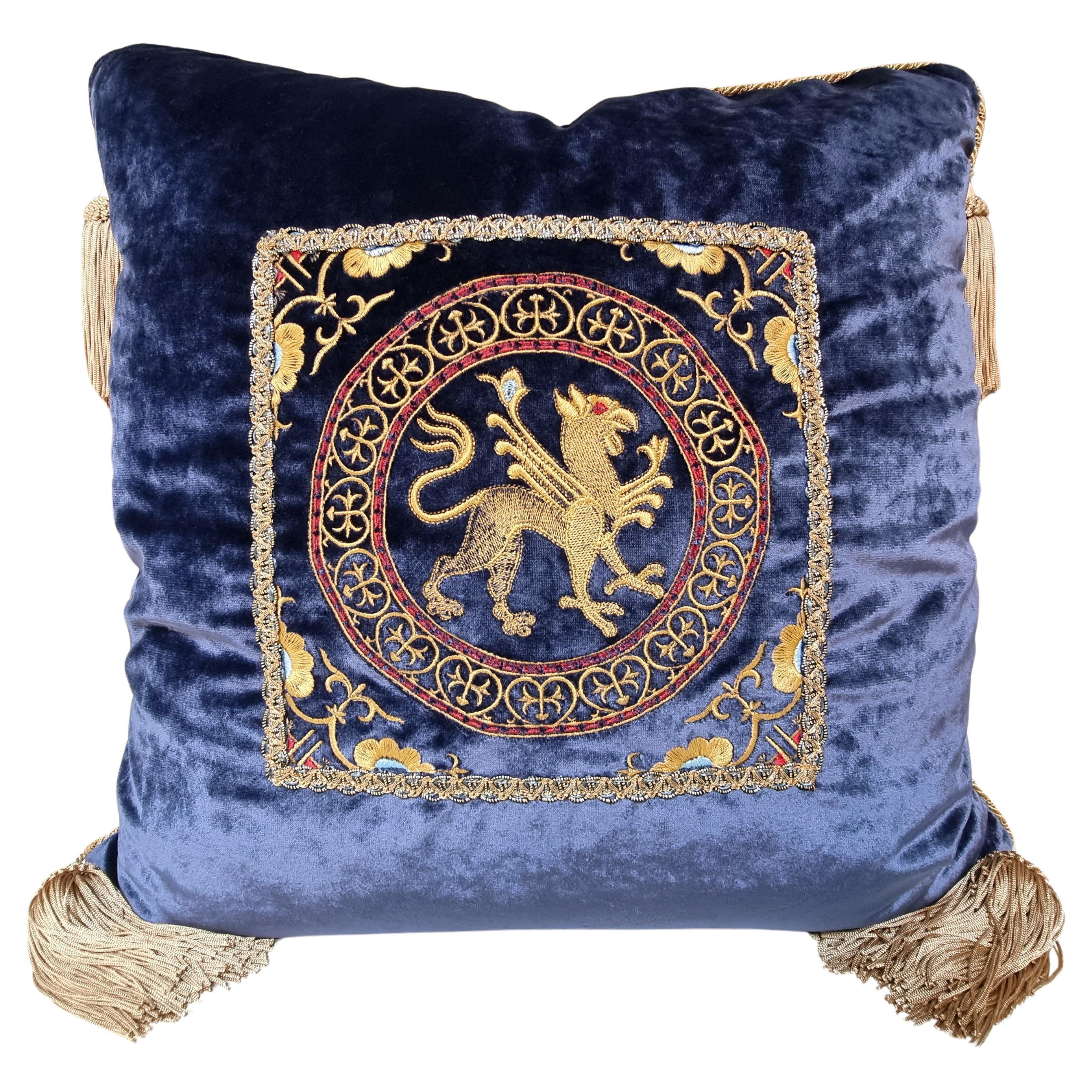 Embroidered Blue Velvet Throw Pillow with Tassels