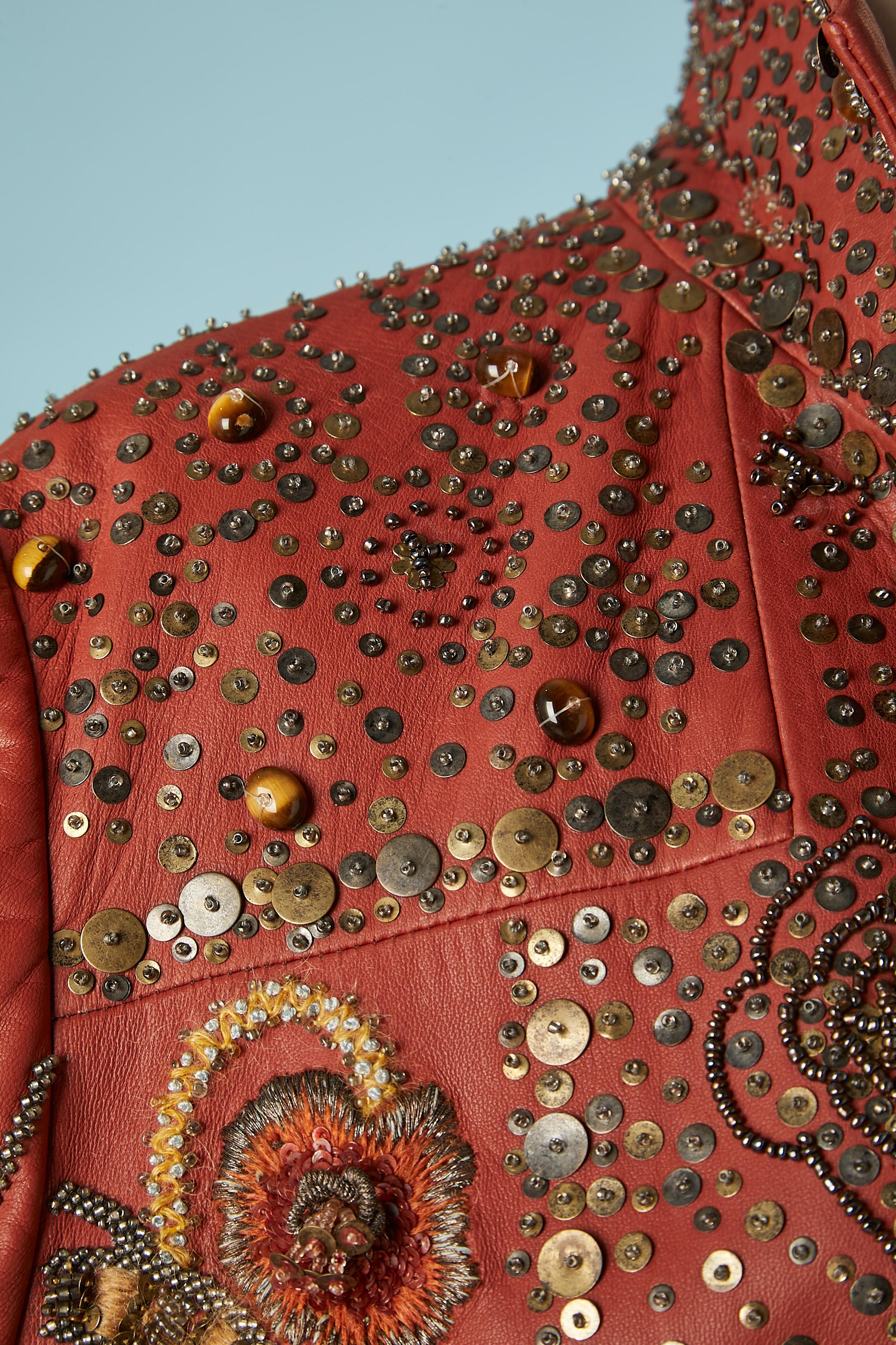 Women's Embroidered brown leather edge to edge jacket with beaded work Valentino  For Sale