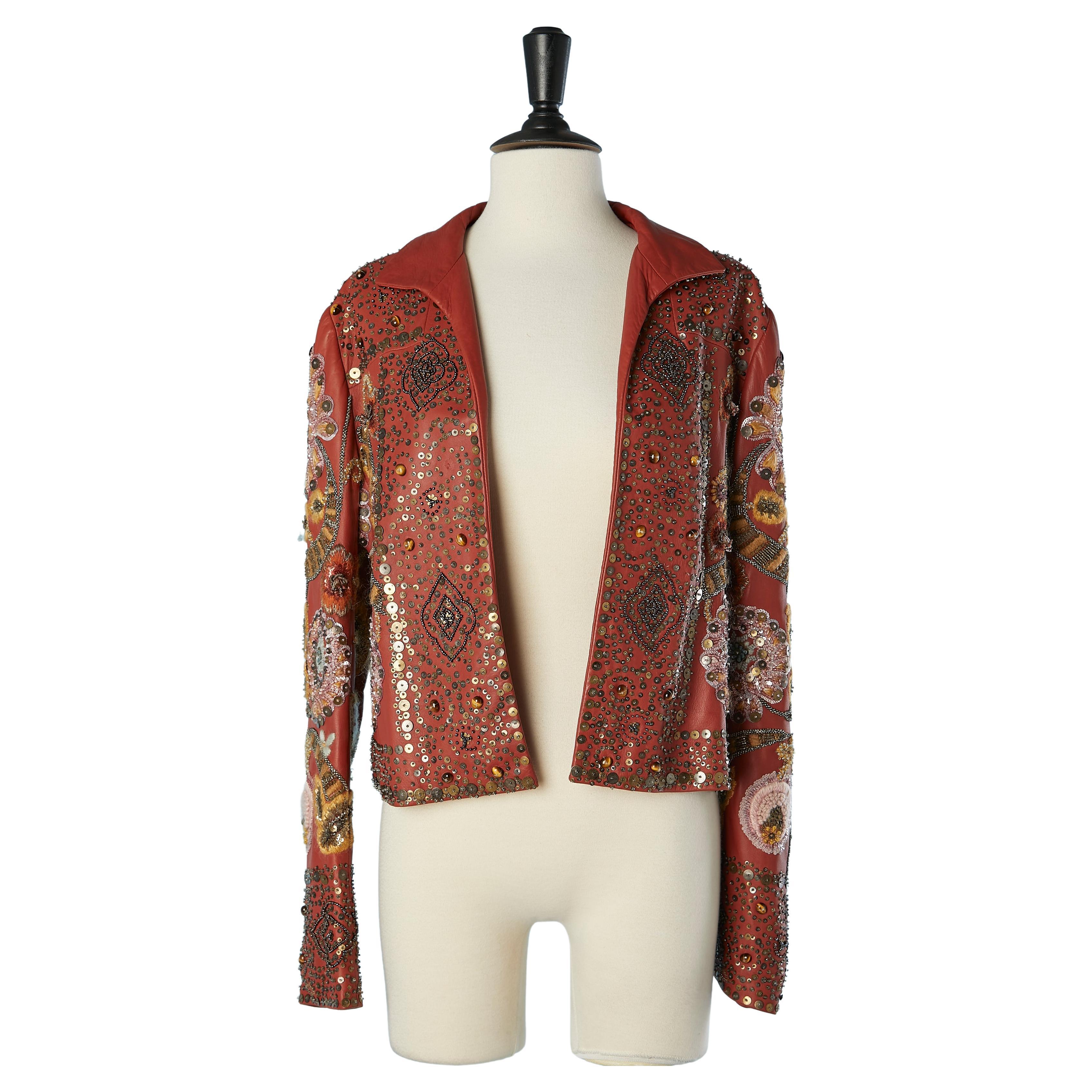 Embroidered brown leather edge to edge jacket with beaded work Valentino  For Sale