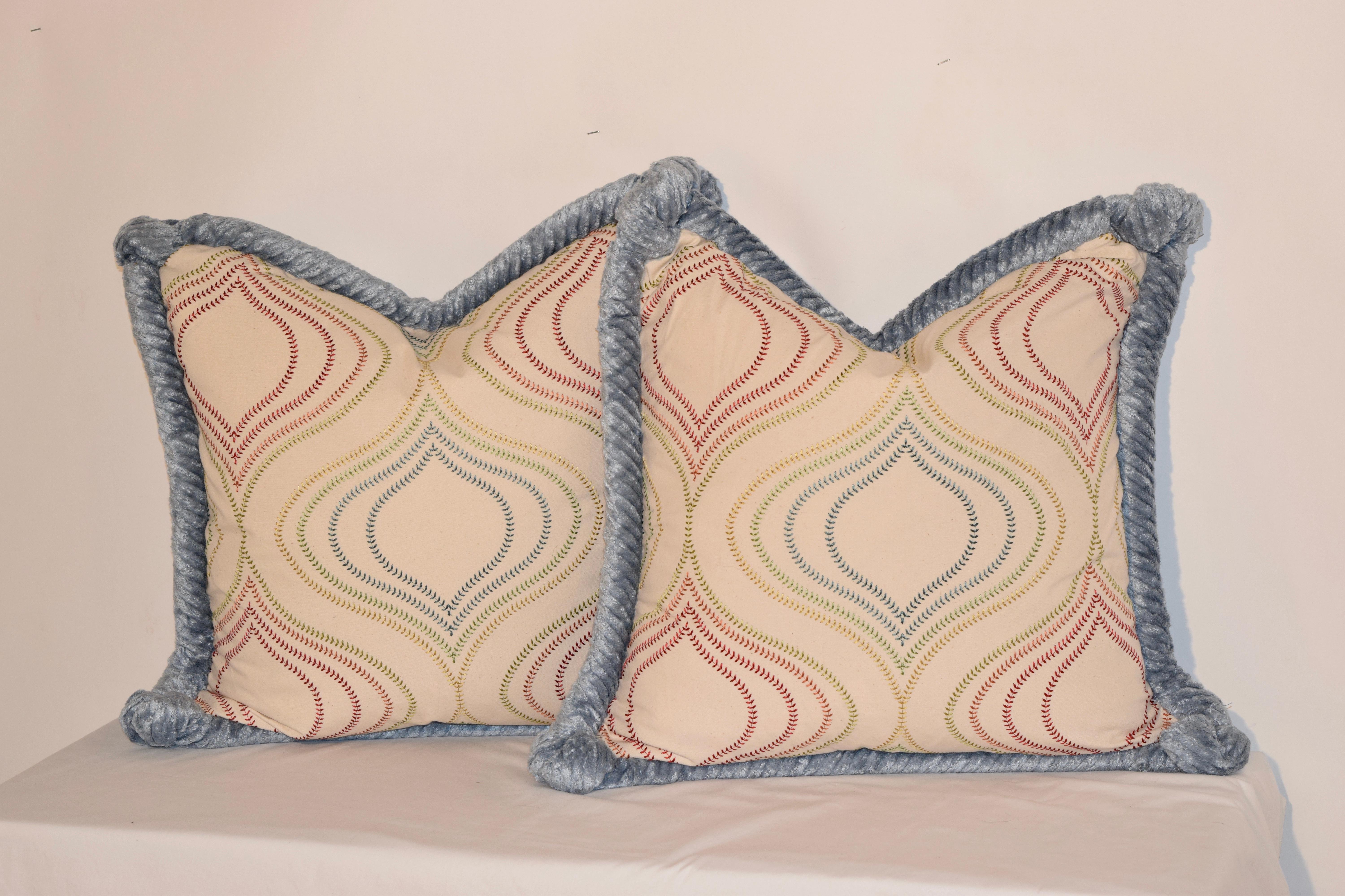 American Embroidered Cotton and Chenille Pillows For Sale