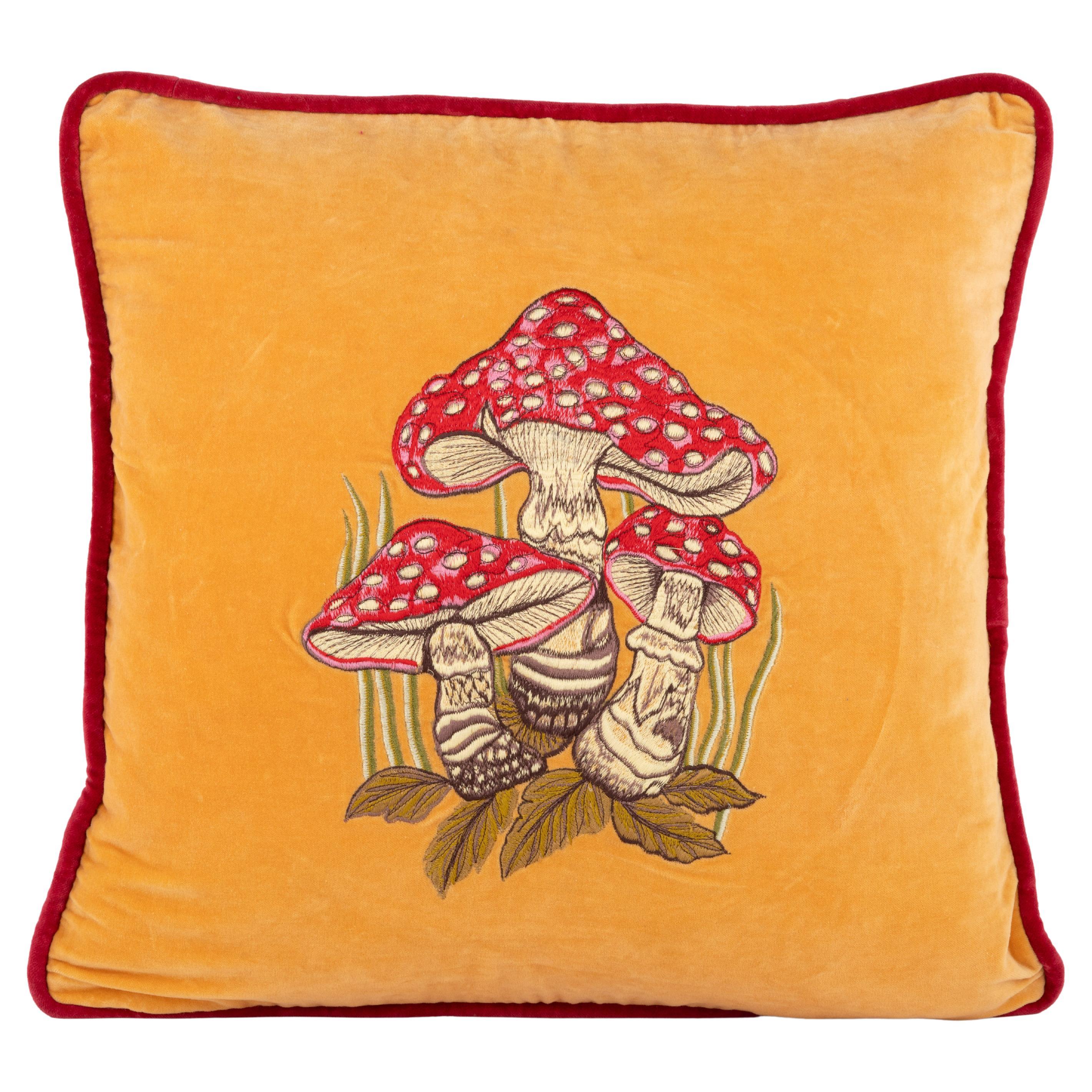 Embroidered Velvet Mushroom Pillow - Yellow
