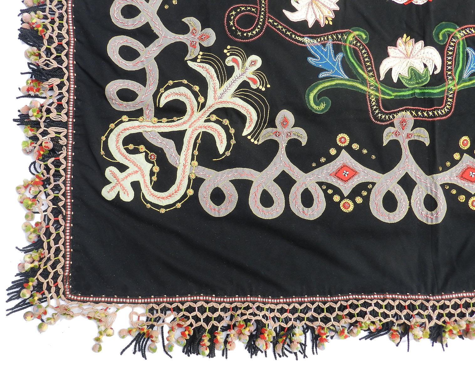 Spanish Embroidered Cover Bohemian Hand stitched Throw Wall Hanging Belle Époque For Sale