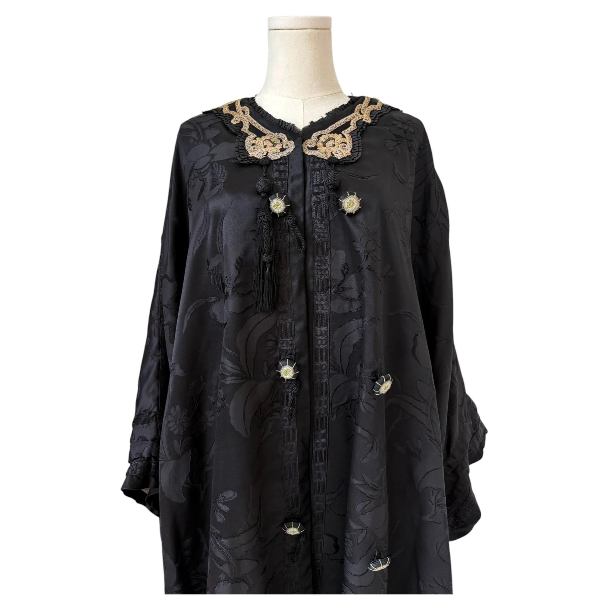 Vintage Edwardian Black Silk Floral Brocade Robe, Circa 1908-1912