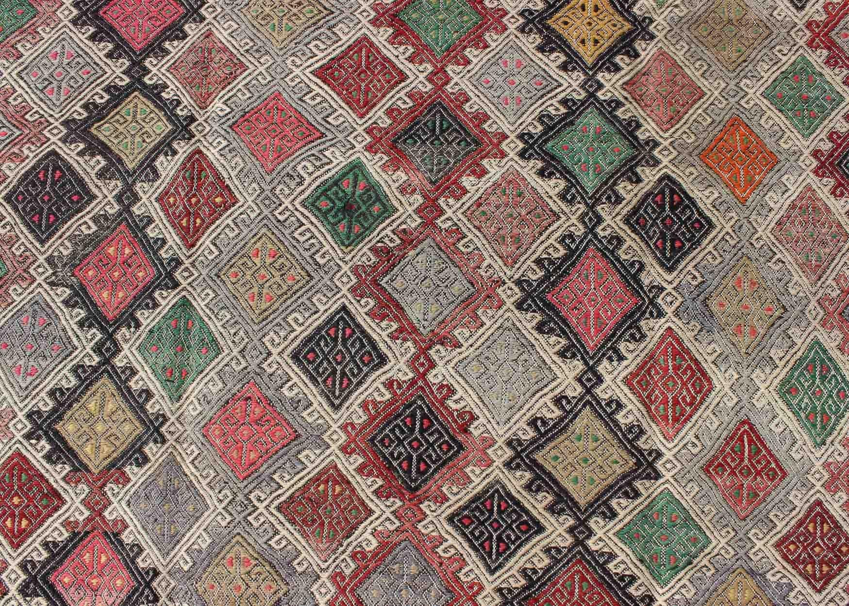 Mid-20th Century Embroidered Flat-Weave Rug in All Over Diamond Pattern and Multi Colors For Sale