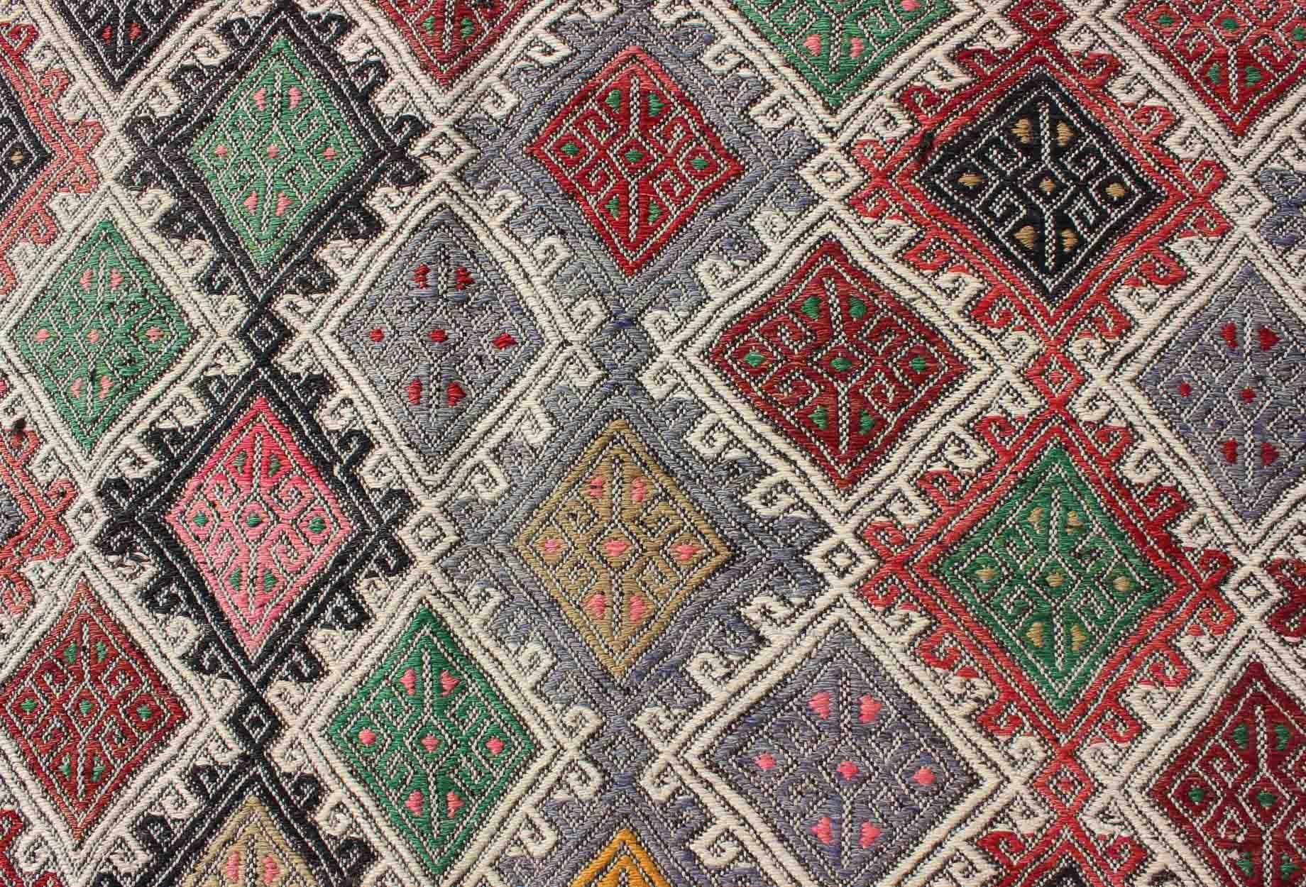 Wool Embroidered Flat-Weave Rug in All Over Diamond Pattern and Multi Colors For Sale