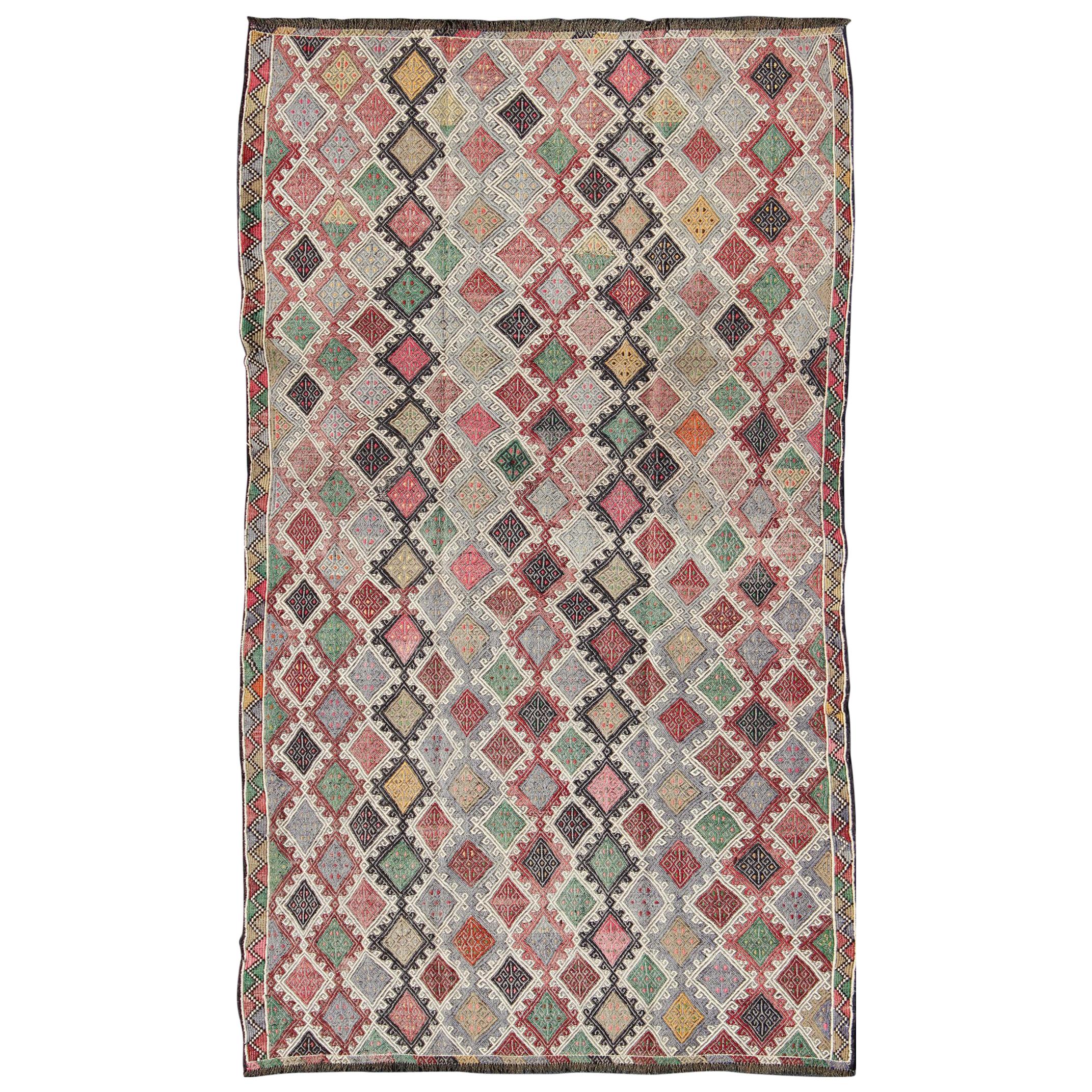 Embroidered Flat-Weave Rug in All Over Diamond Pattern and Multi Colors For Sale