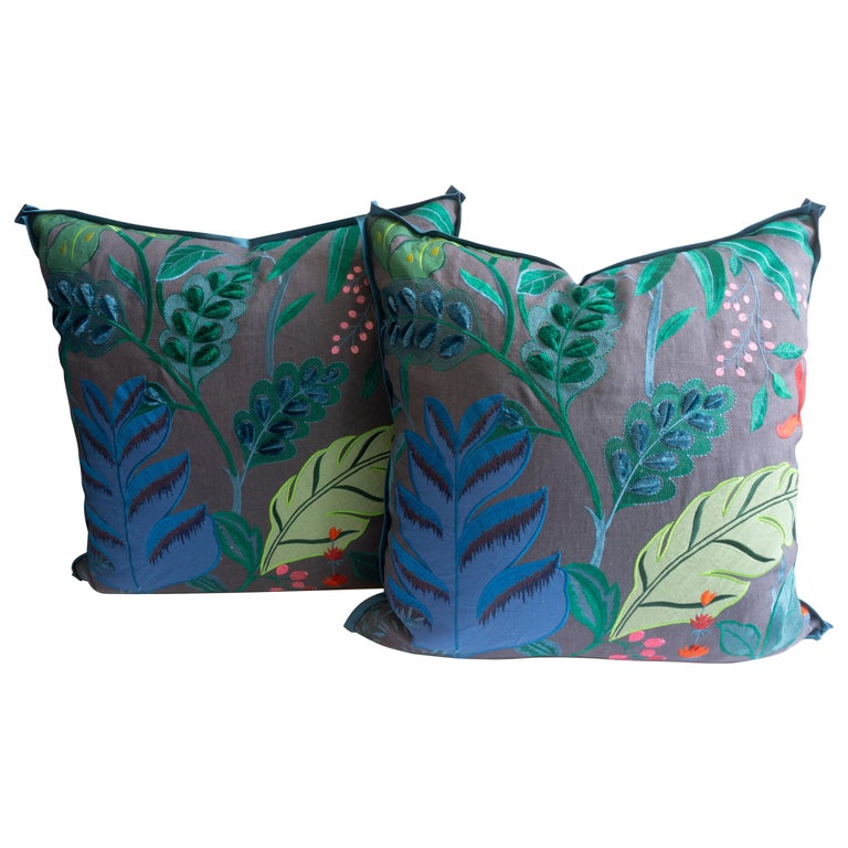 Embroidered Flora Square Pillows For Sale at 1stDibs