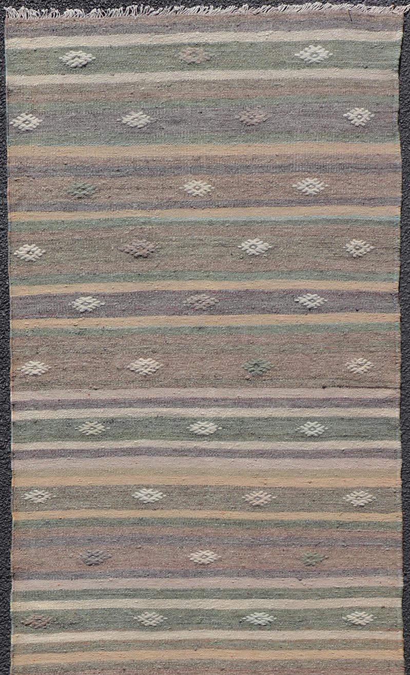 Measures: 3'0 x 10'9
Embroidered Geometric colorful vintage Turkish flat-weave Kilim Runner. Keivan Woven Arts / rug TU-NED-5010, country of origin / type: Turkey / Kilim, circa 1950

This Kilim runner from Turkey features a striped design of