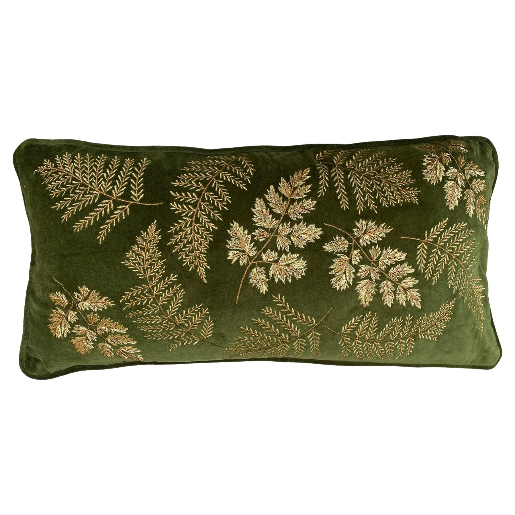 Embroidered Golden Leaves Dark green pillow  For Sale