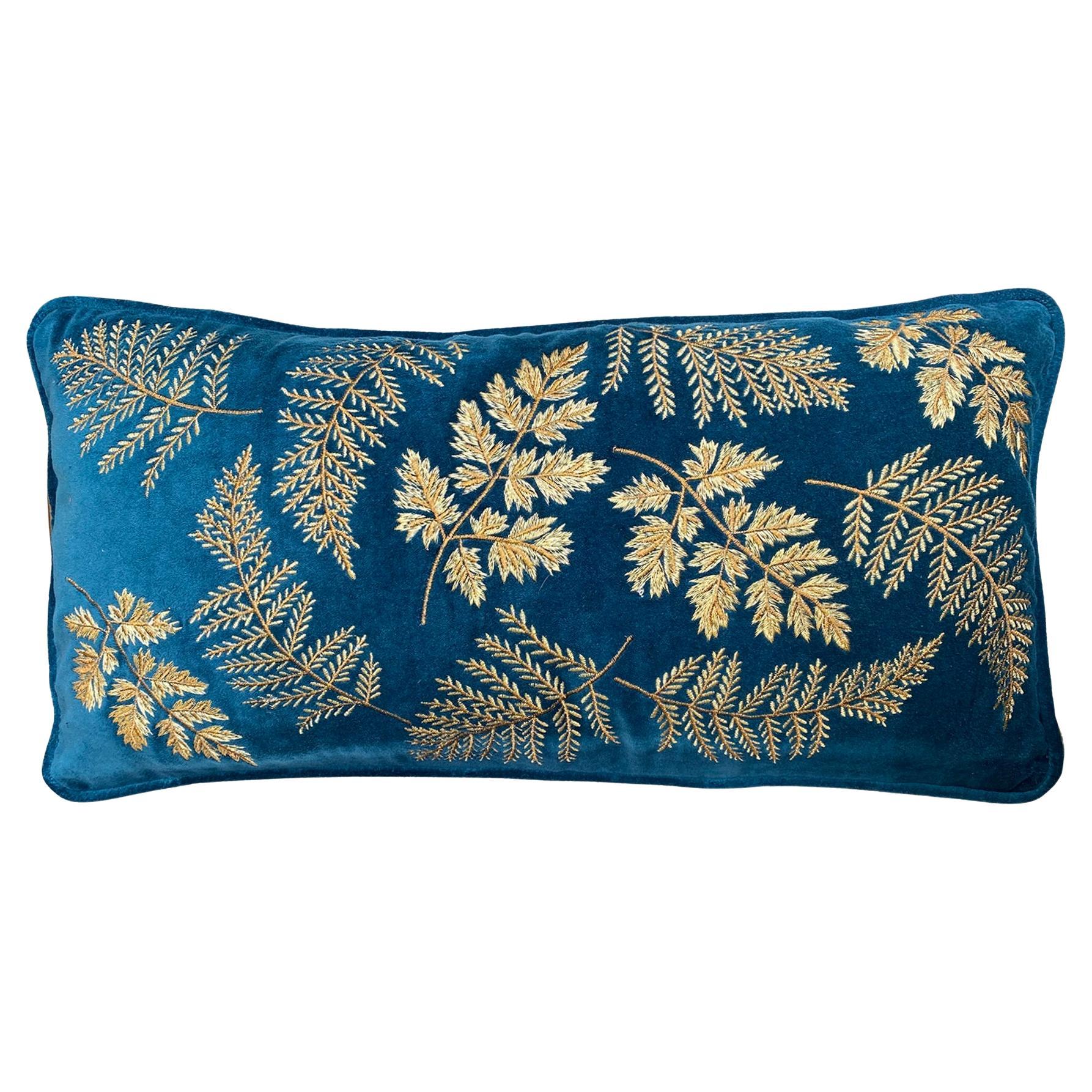 Embroidered Golden Leaves Floral  Blue pillow  For Sale