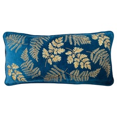 Embroidered Golden Leaves Floral  Blue pillow 