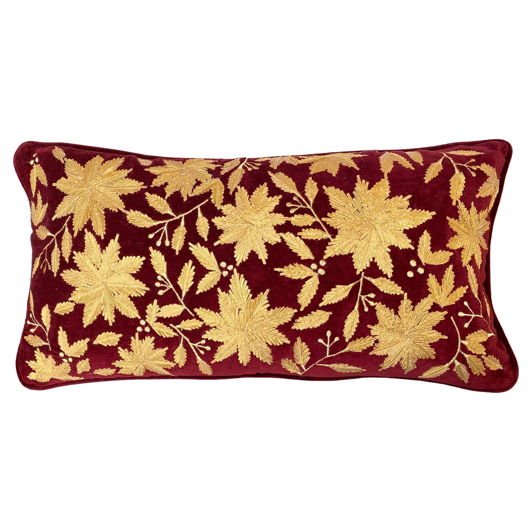 Embroidered Golden Leaves Floral  Red pillow  For Sale