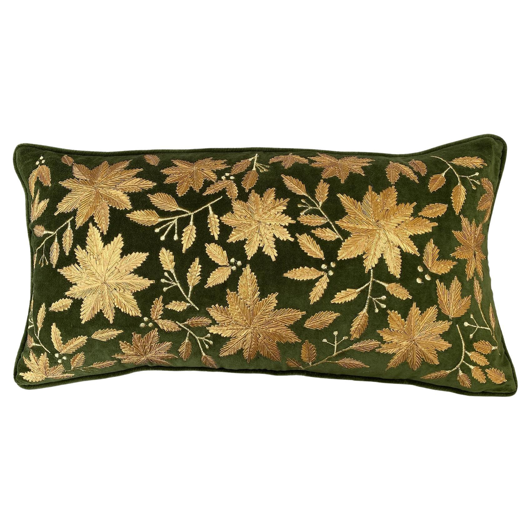 Embroidered Golden Leaves Green pillow  For Sale