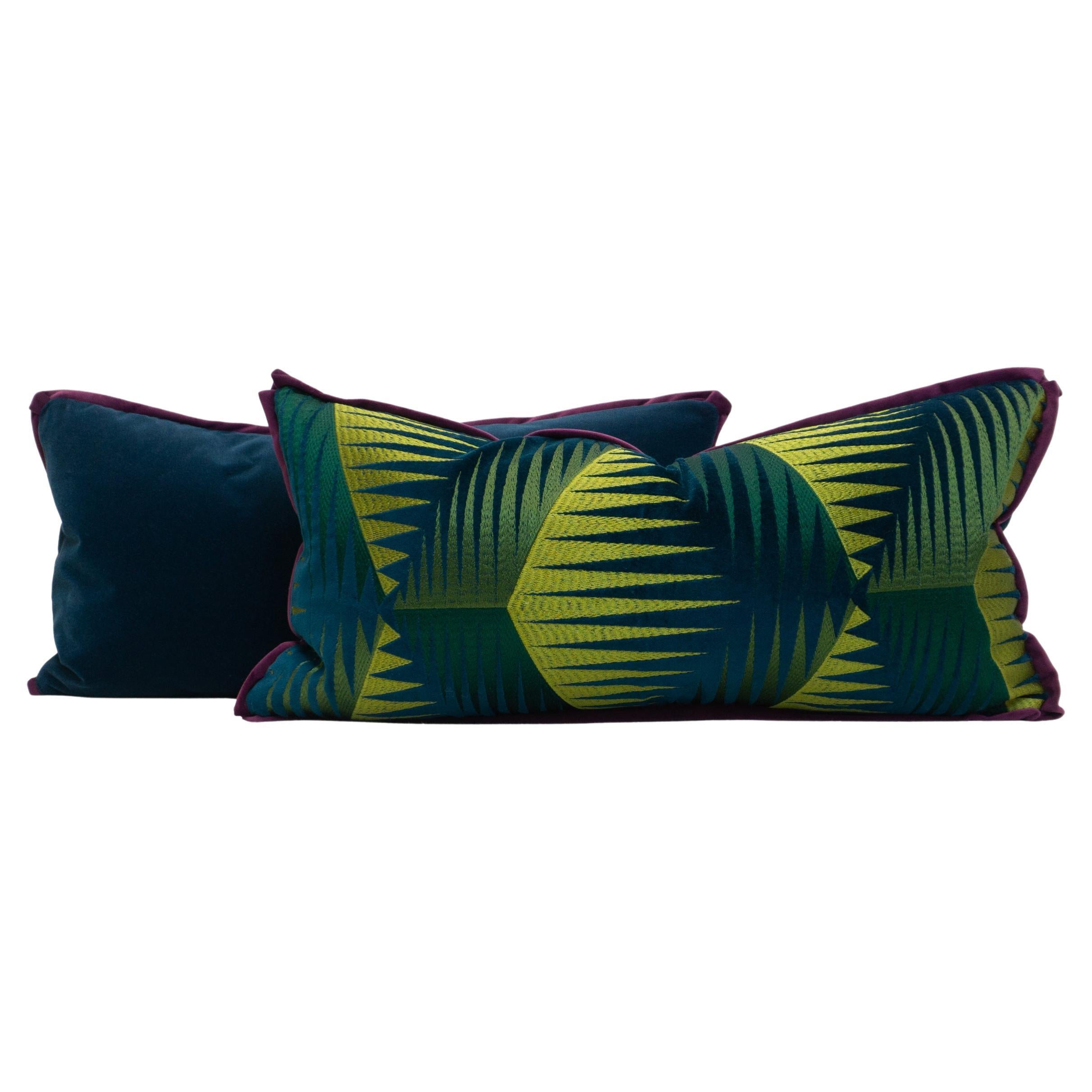 Embroidered Grass Design Blue Navy Velvet Fabric Purple Trim Lumbar Pillows For Sale