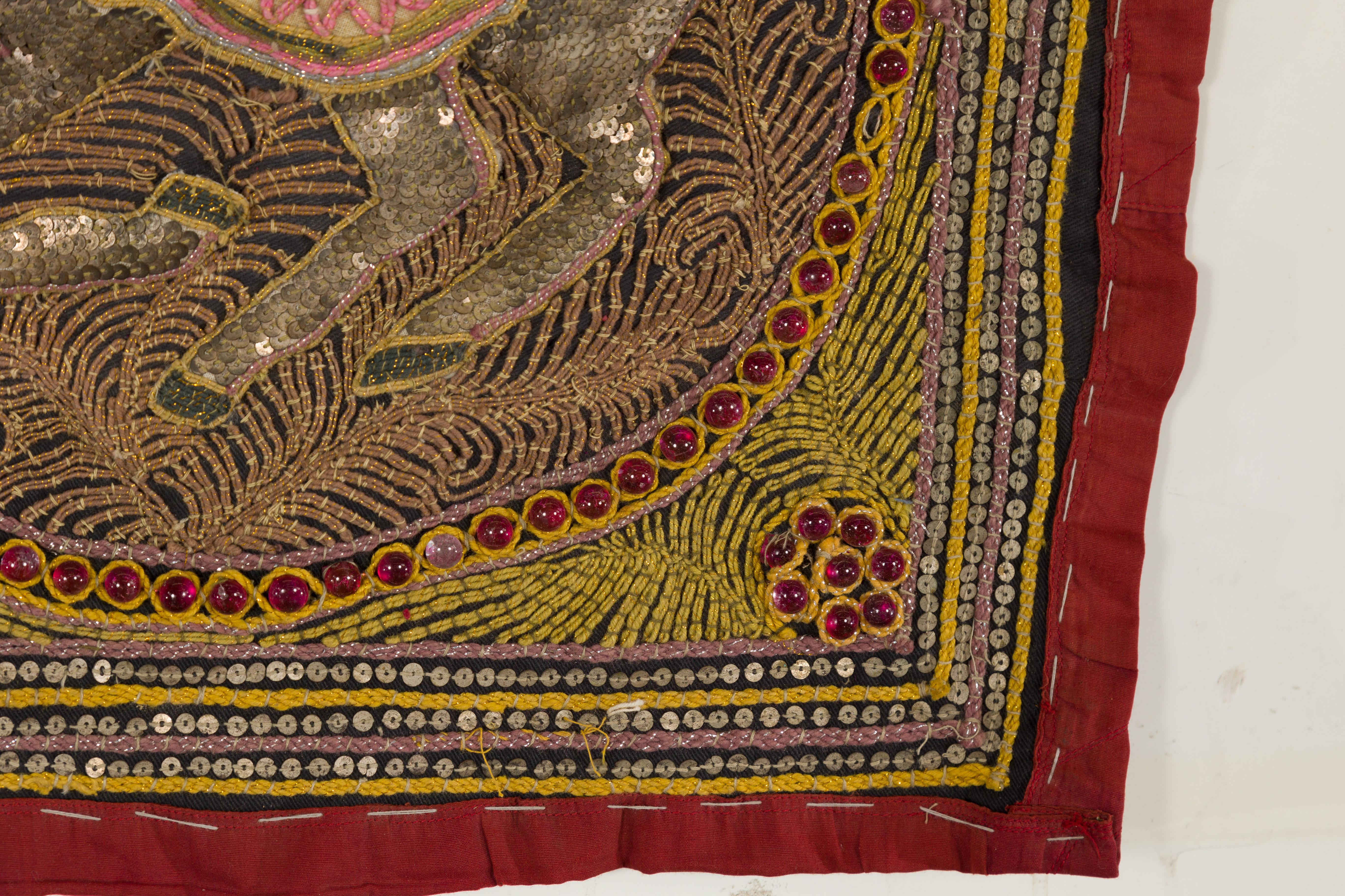 Embroidered Kalaga Gold and Red Tapestry with Horse, Elephant and Sequins For Sale 6