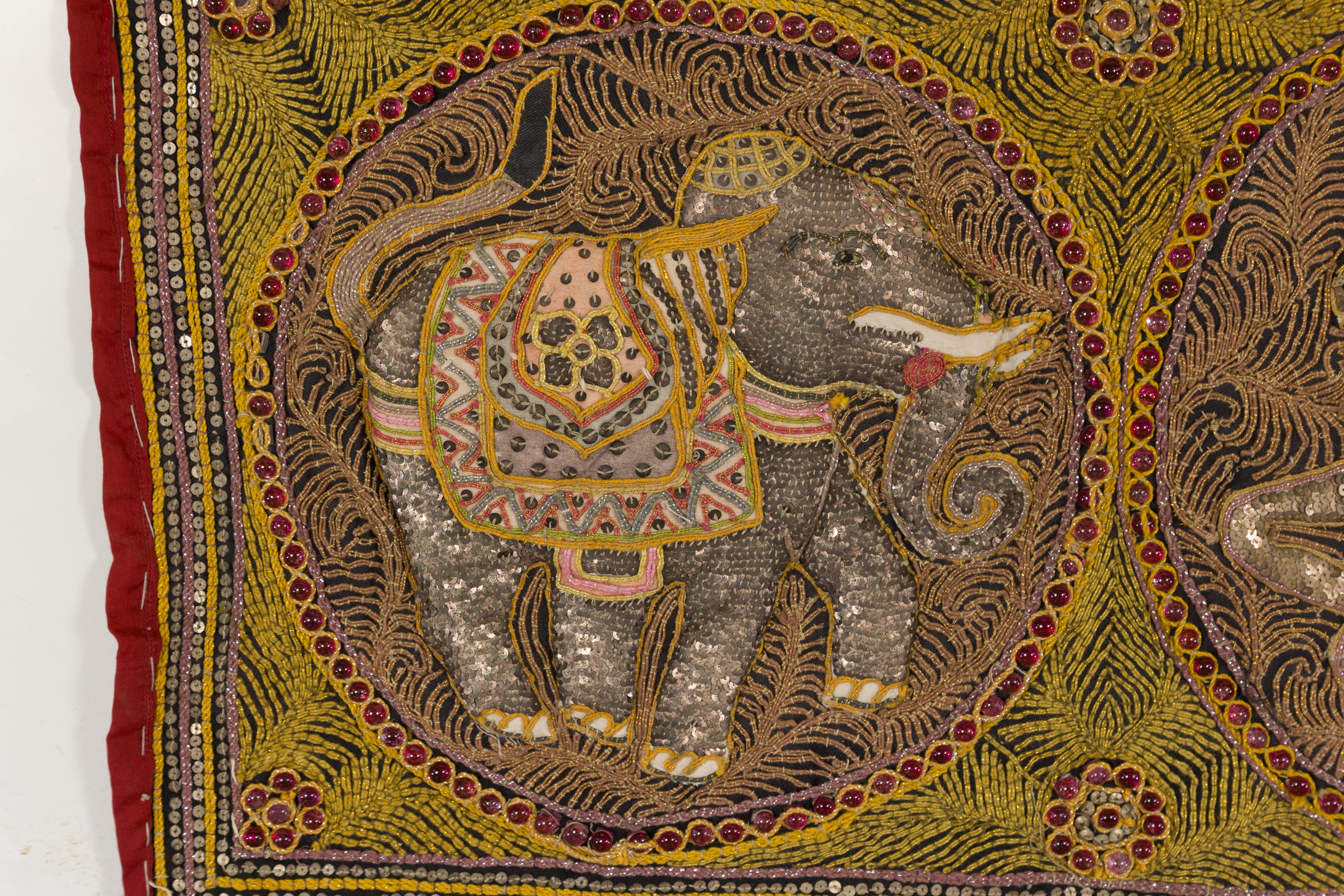 Burmese Embroidered Kalaga Gold and Red Tapestry with Horse, Elephant and Sequins