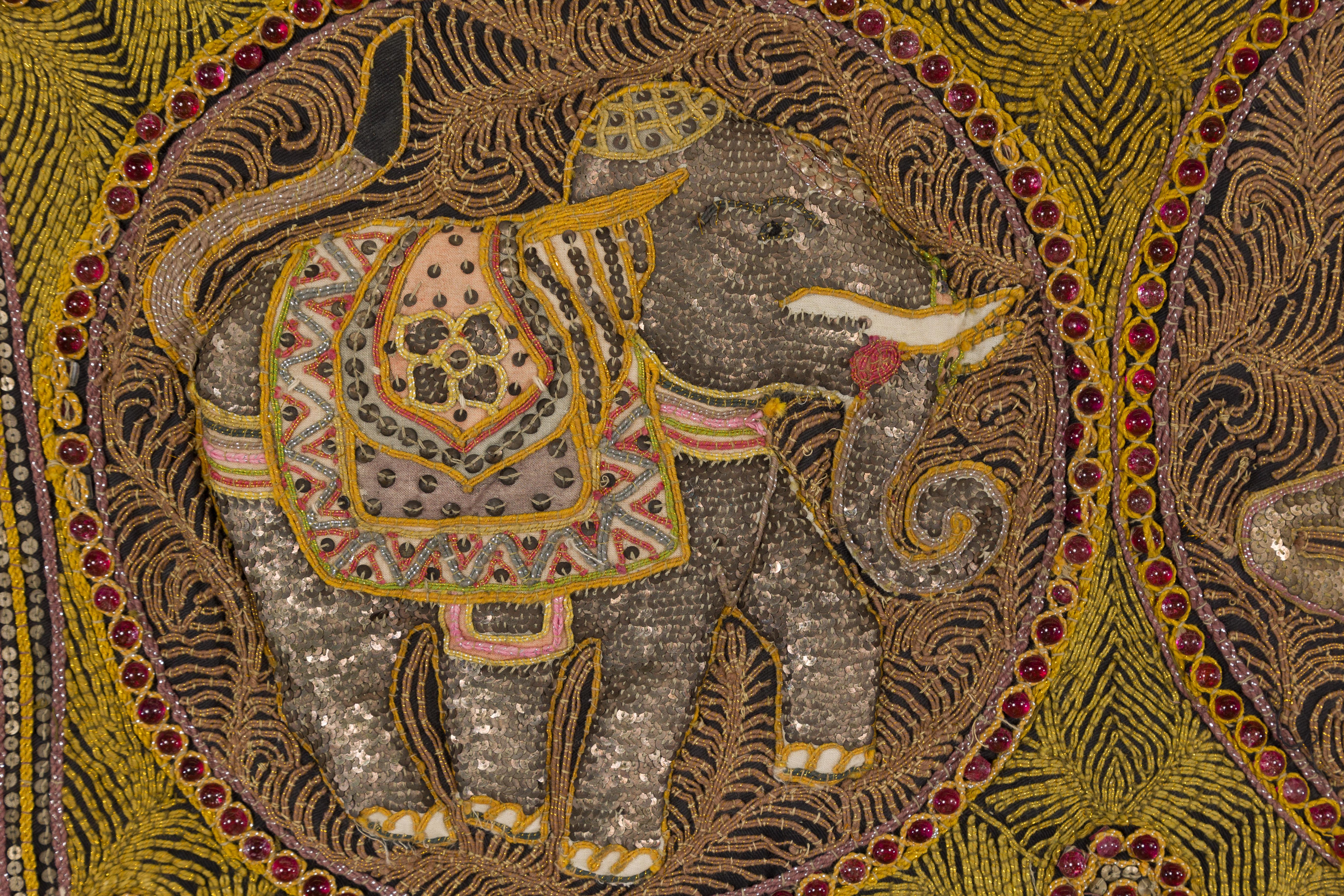 Embroidered Kalaga Gold and Red Tapestry with Horse, Elephant and Sequins In Good Condition For Sale In Yonkers, NY