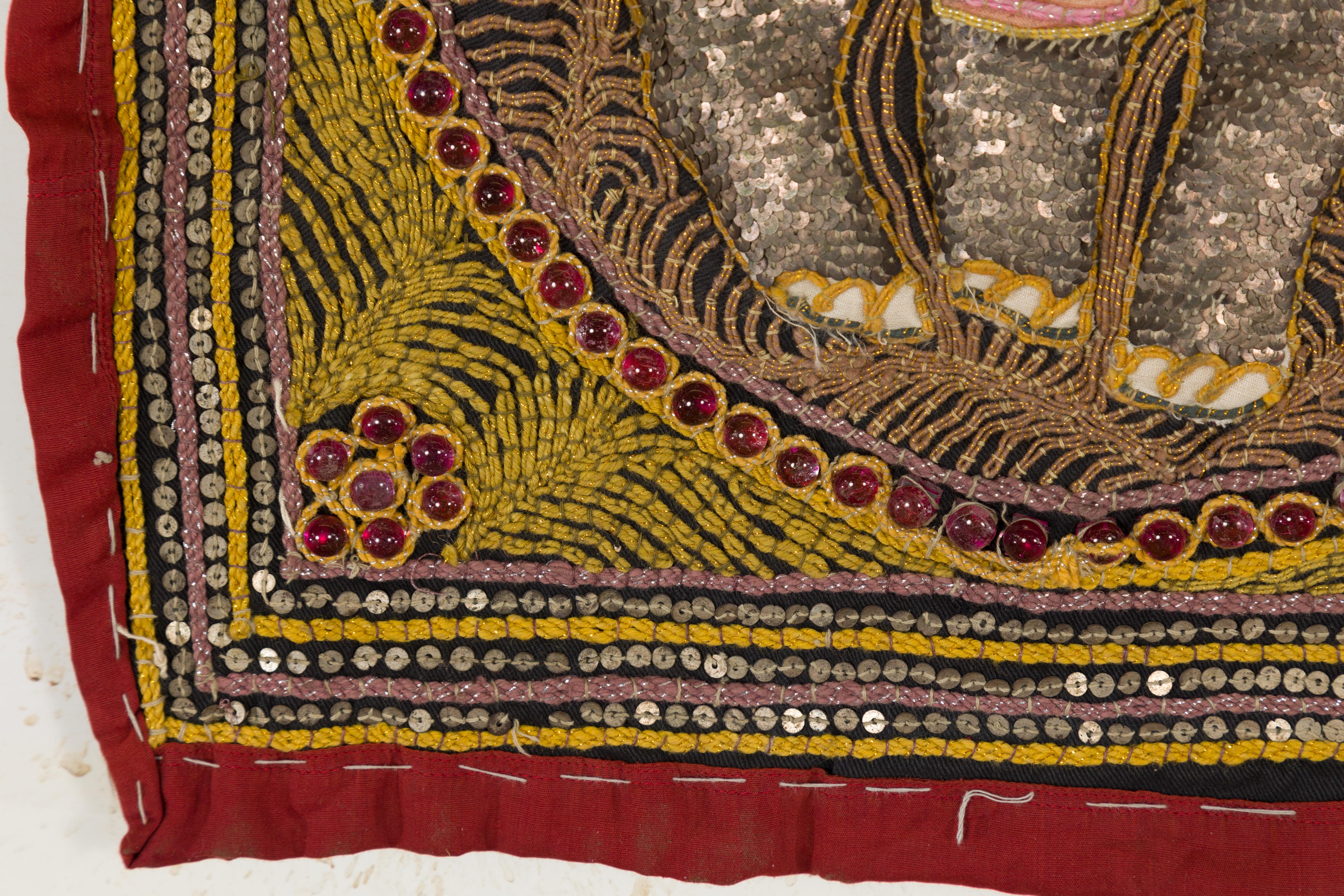 Embroidered Kalaga Gold and Red Tapestry with Horse, Elephant and Sequins For Sale 1