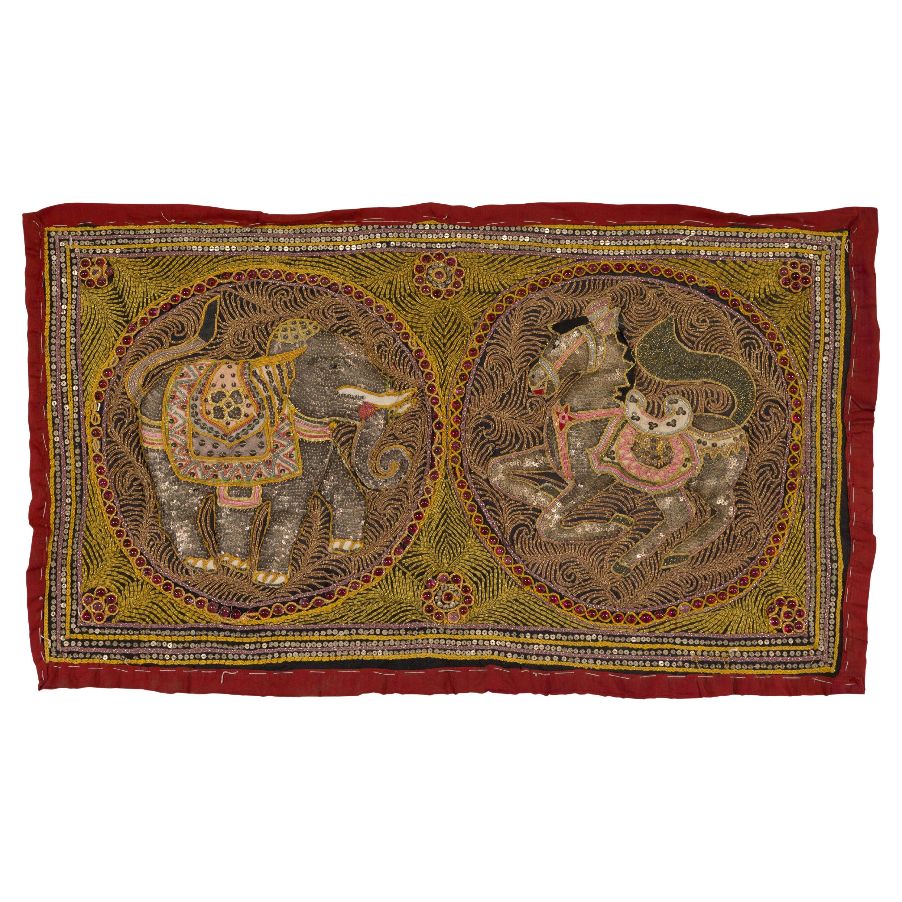 Embroidered Kalaga Gold and Red Tapestry with Horse, Elephant and Sequins