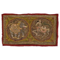 Antique Embroidered Kalaga Gold and Red Tapestry with Horse, Elephant and Sequins