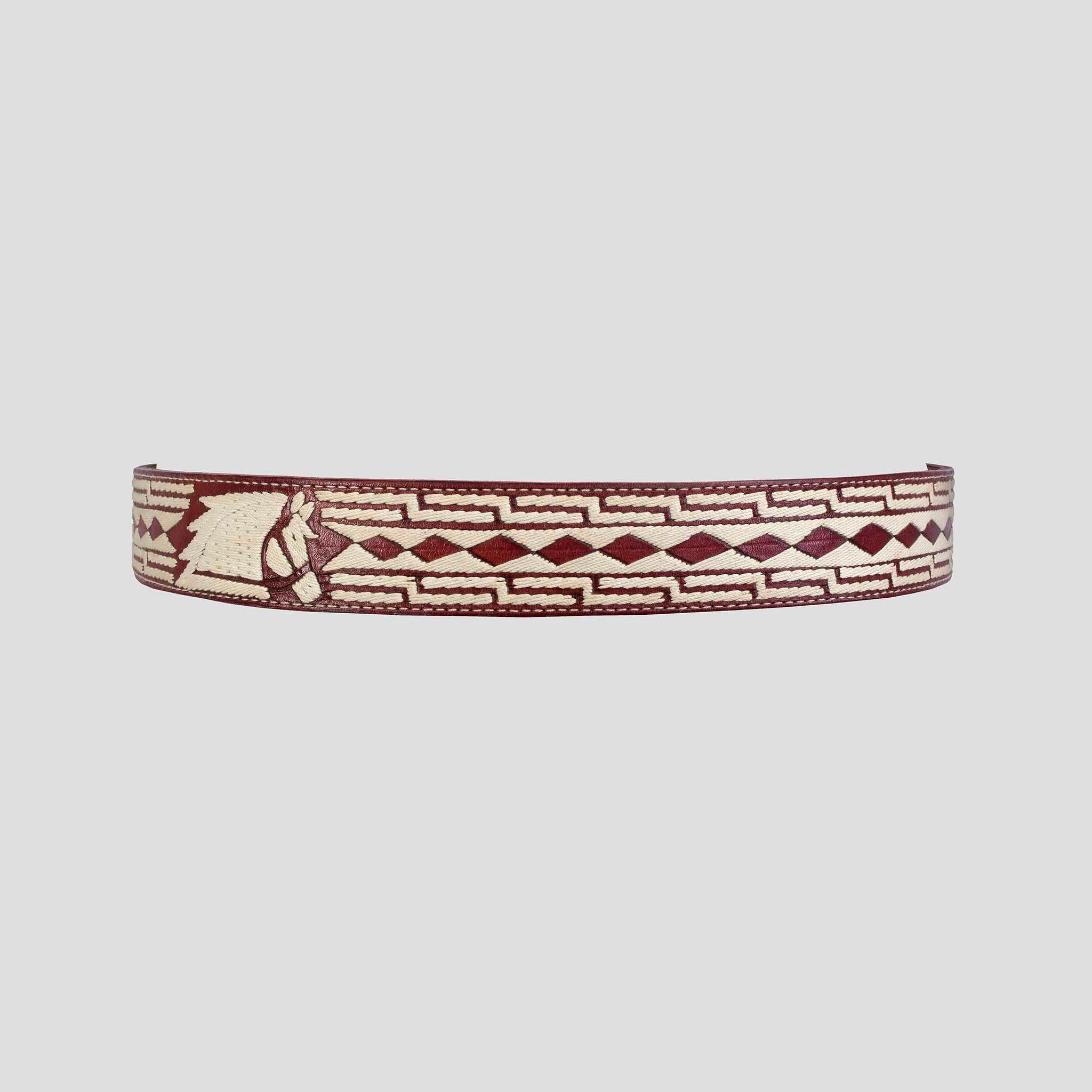 Beige Embroidered Leather - Buckle Belt