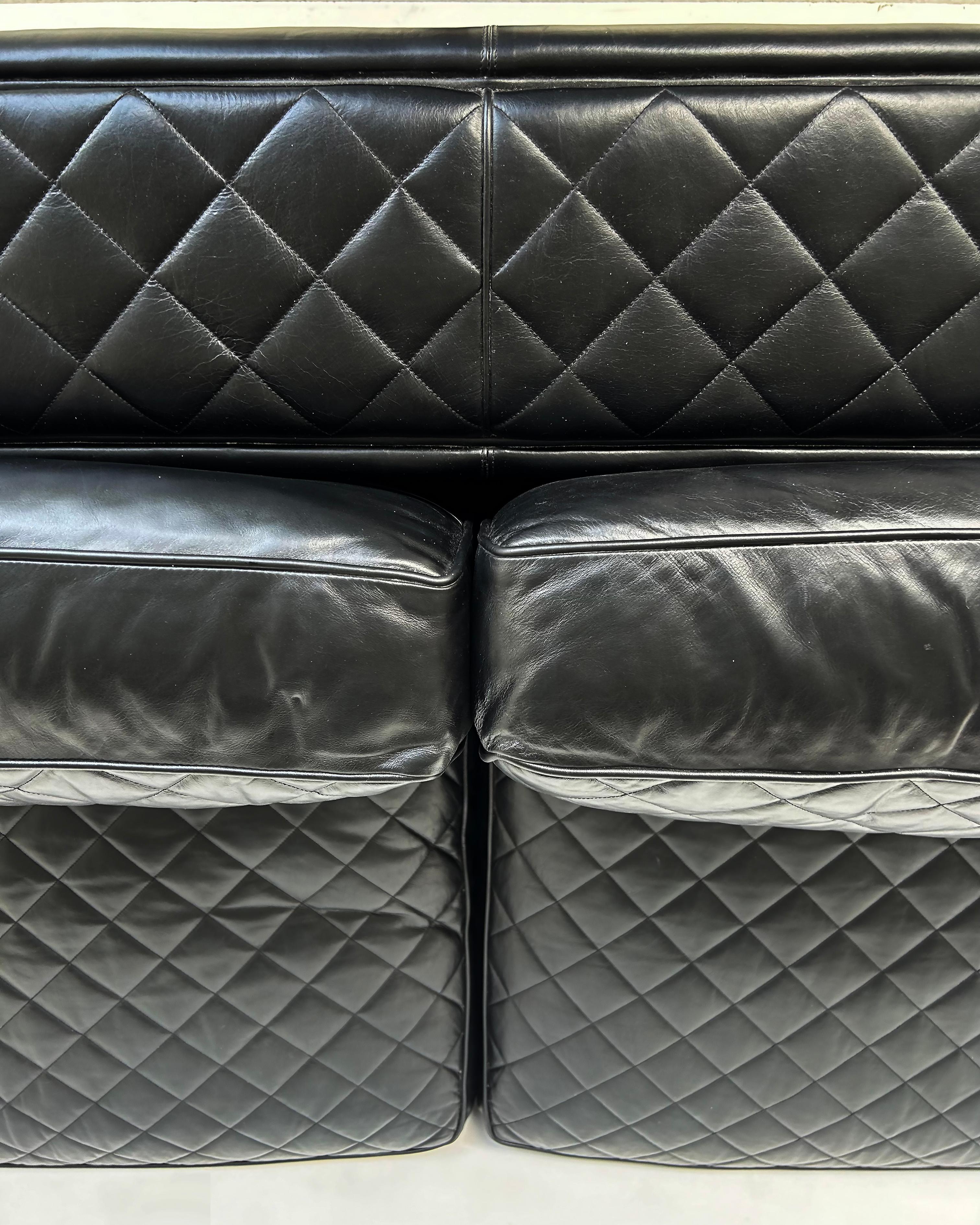 Contemporary  Zanaboni Italy Quilted Black Leather Sofa, Loose Quilted Back and Seat Cushion For Sale