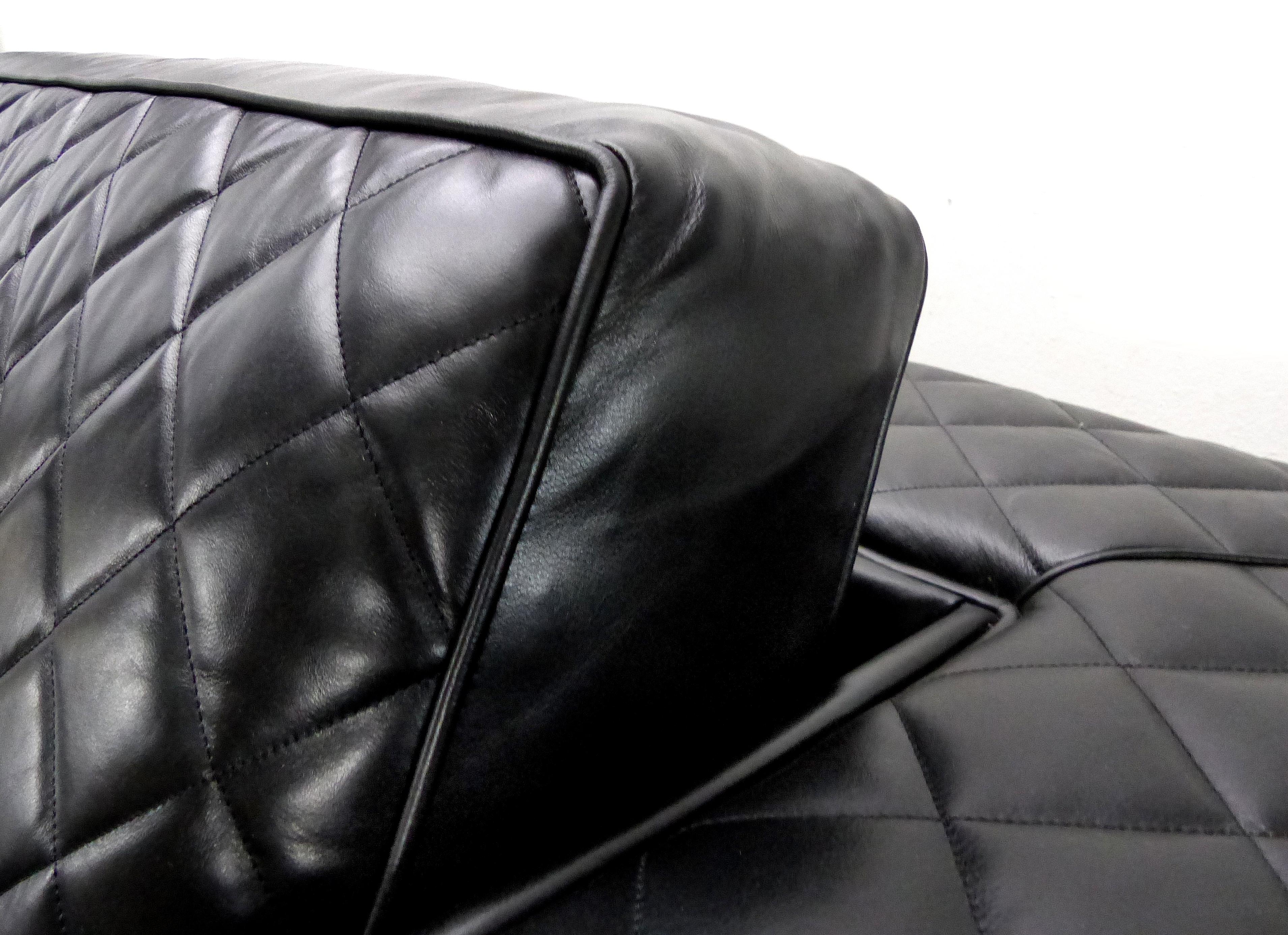Embroidered  Zanaboni Italy Quilted Black Leather Sofa, Loose Quilted Back and Seat Cushion For Sale