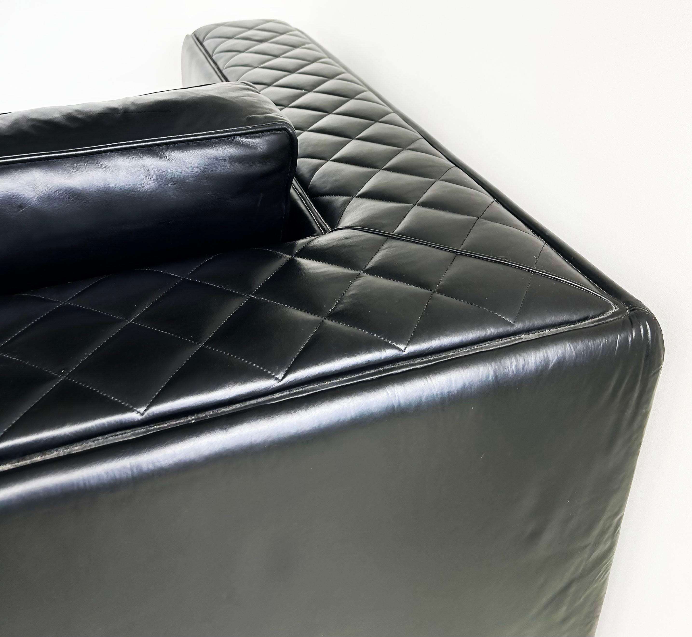  Zanaboni Italy Quilted Black Leather Sofa, Loose Quilted Back and Seat Cushion In Good Condition For Sale In Miami, FL