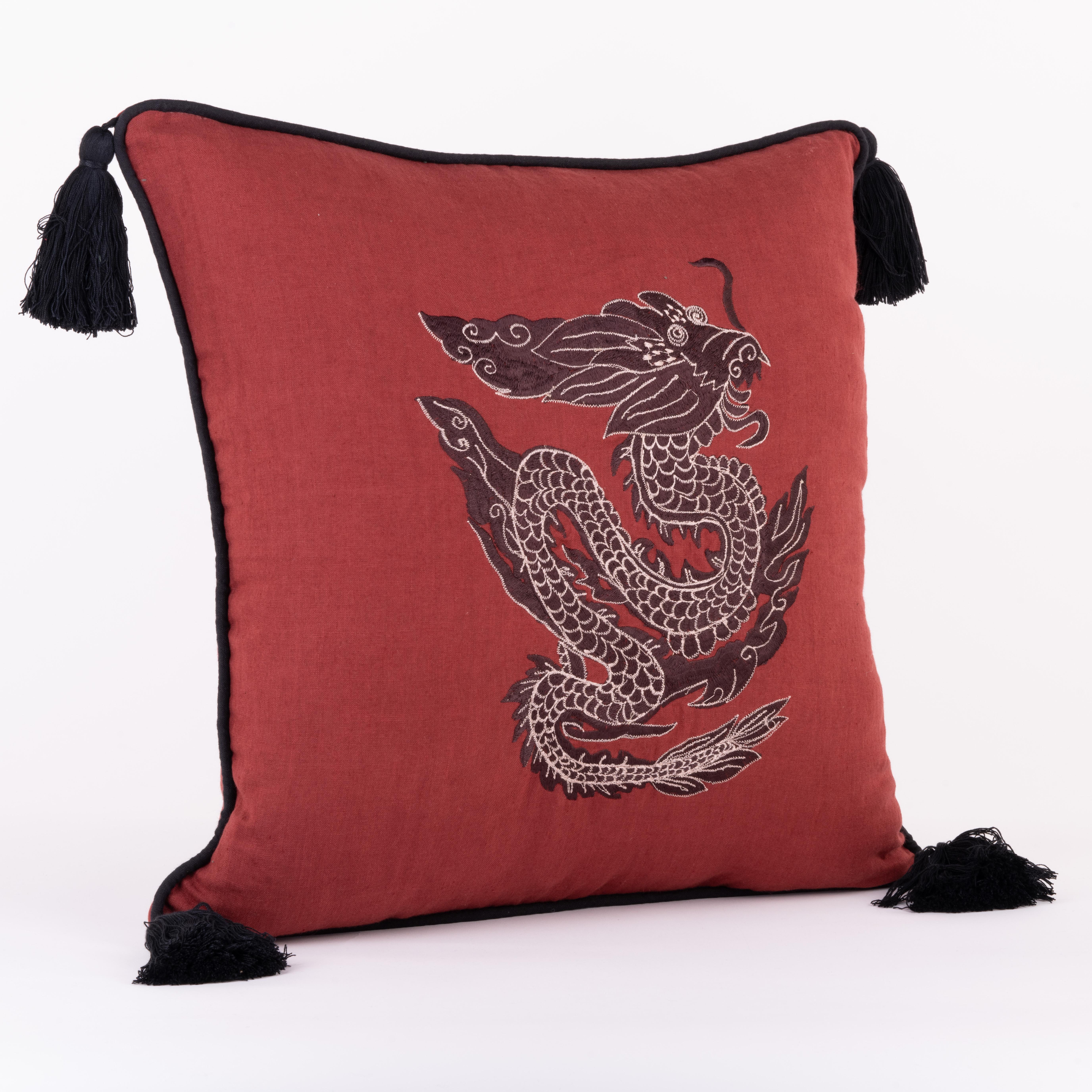 Modern Embroidered Dragon Linen Pillow - Burgundy For Sale