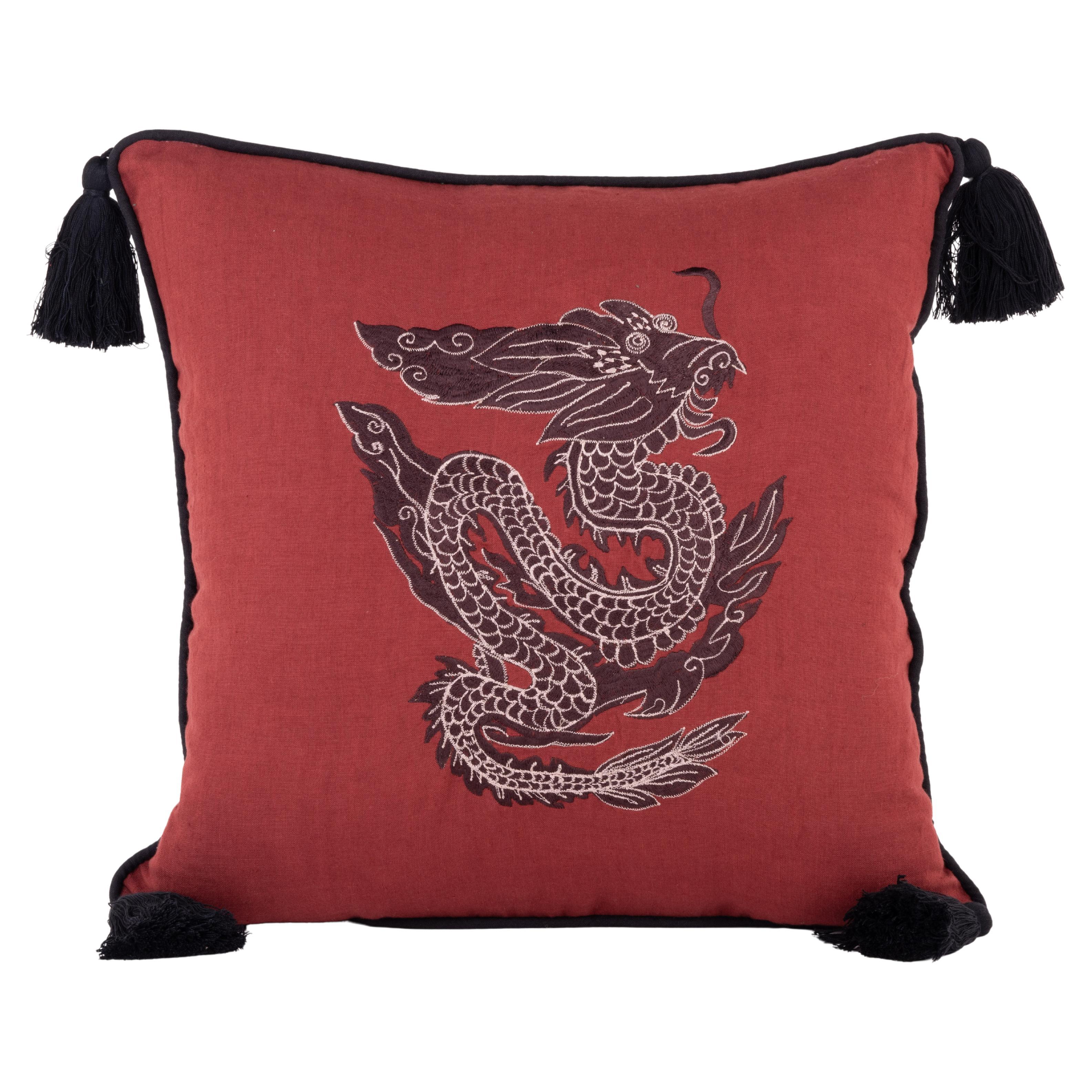 Embroidered Dragon Linen Pillow - Burgundy