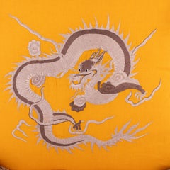 Embroidered Dragon Linen Pillow with Tassels - Yellow