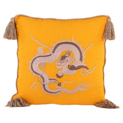 Embroidered Dragon Linen Pillow with Tassels - Yellow