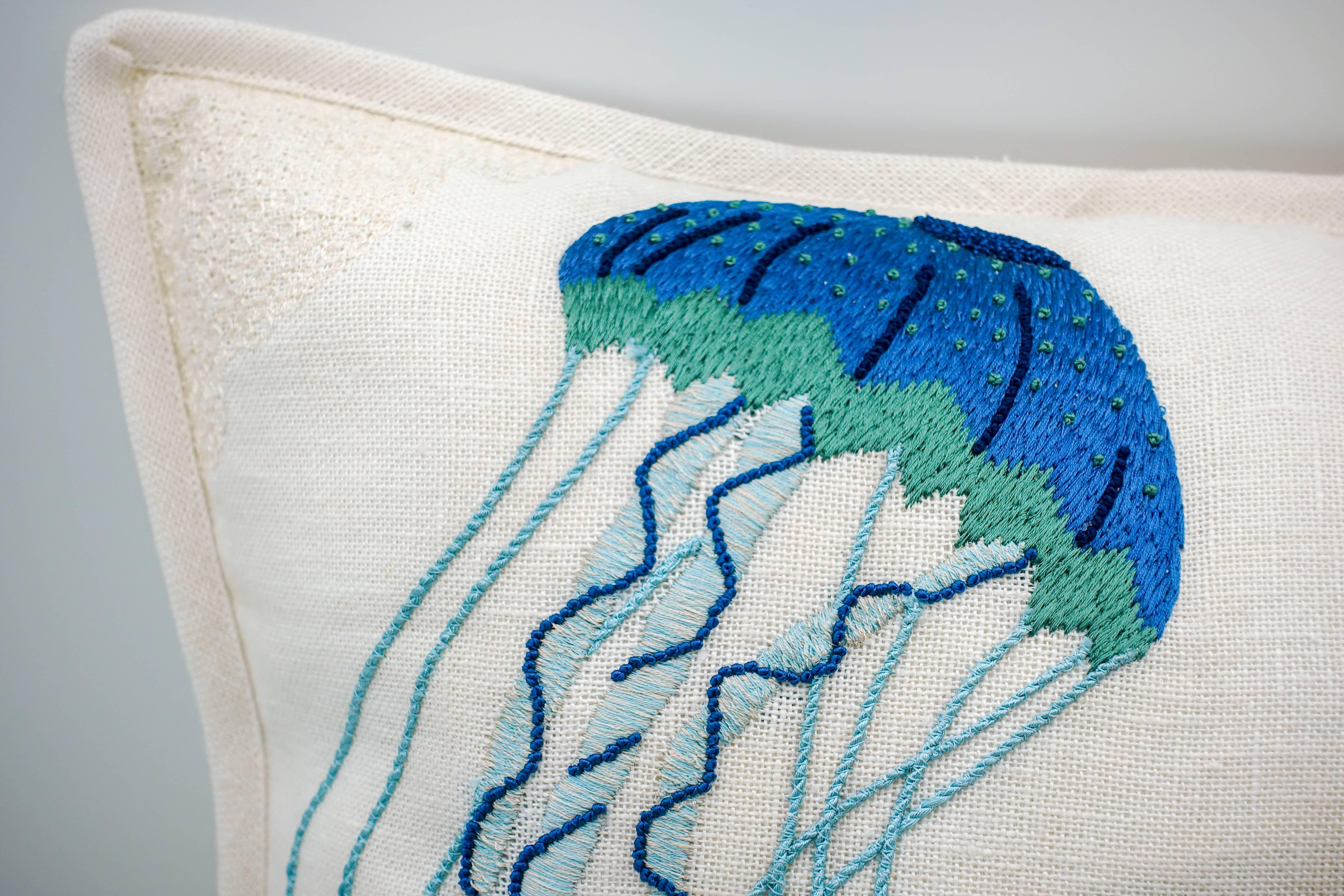 Beautiful linen jellyfish pillow case embroidered in India. This is one in a series of additional pillows which all have a sea theme (Photo).