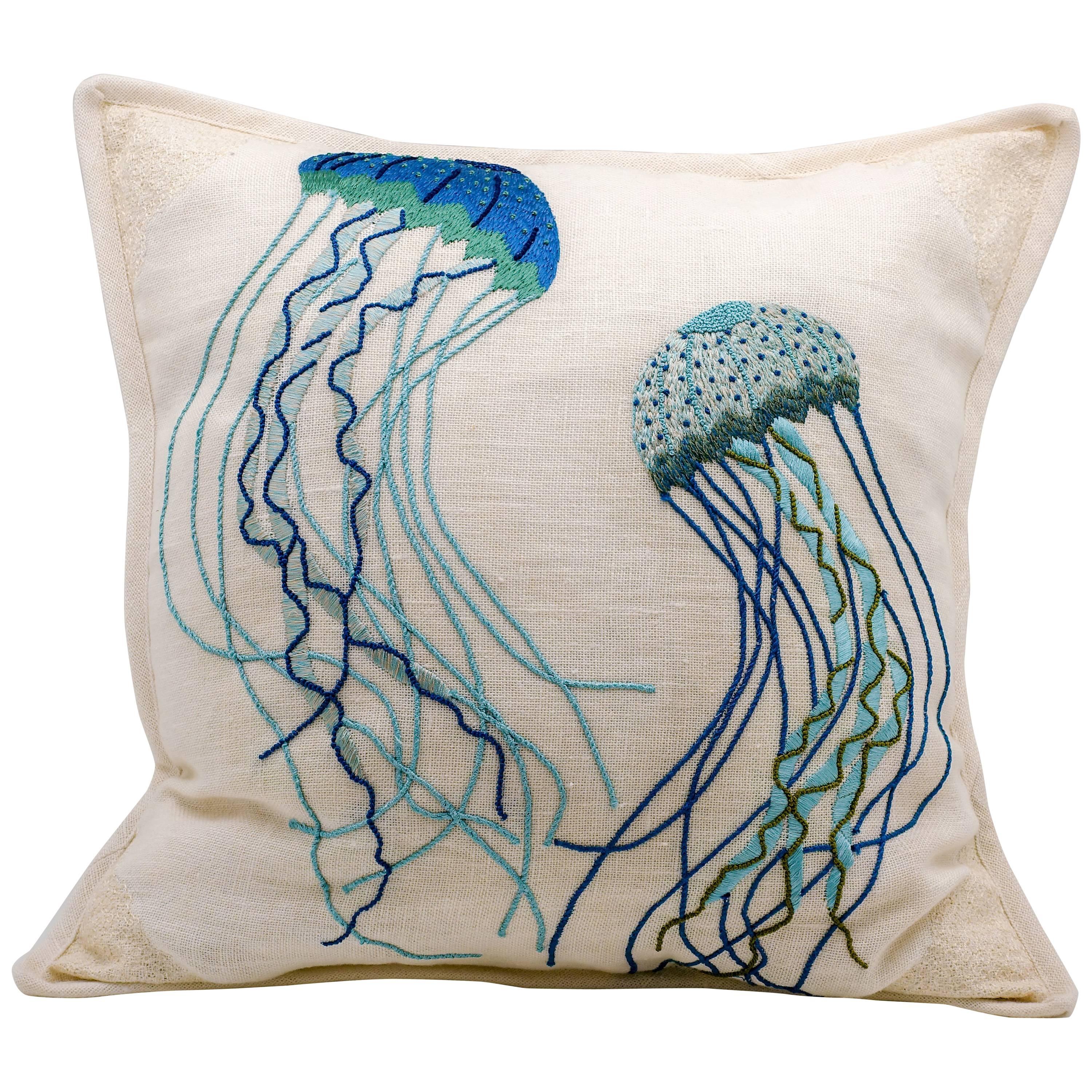 Embroidered Linen Jellyfish Pillow Case