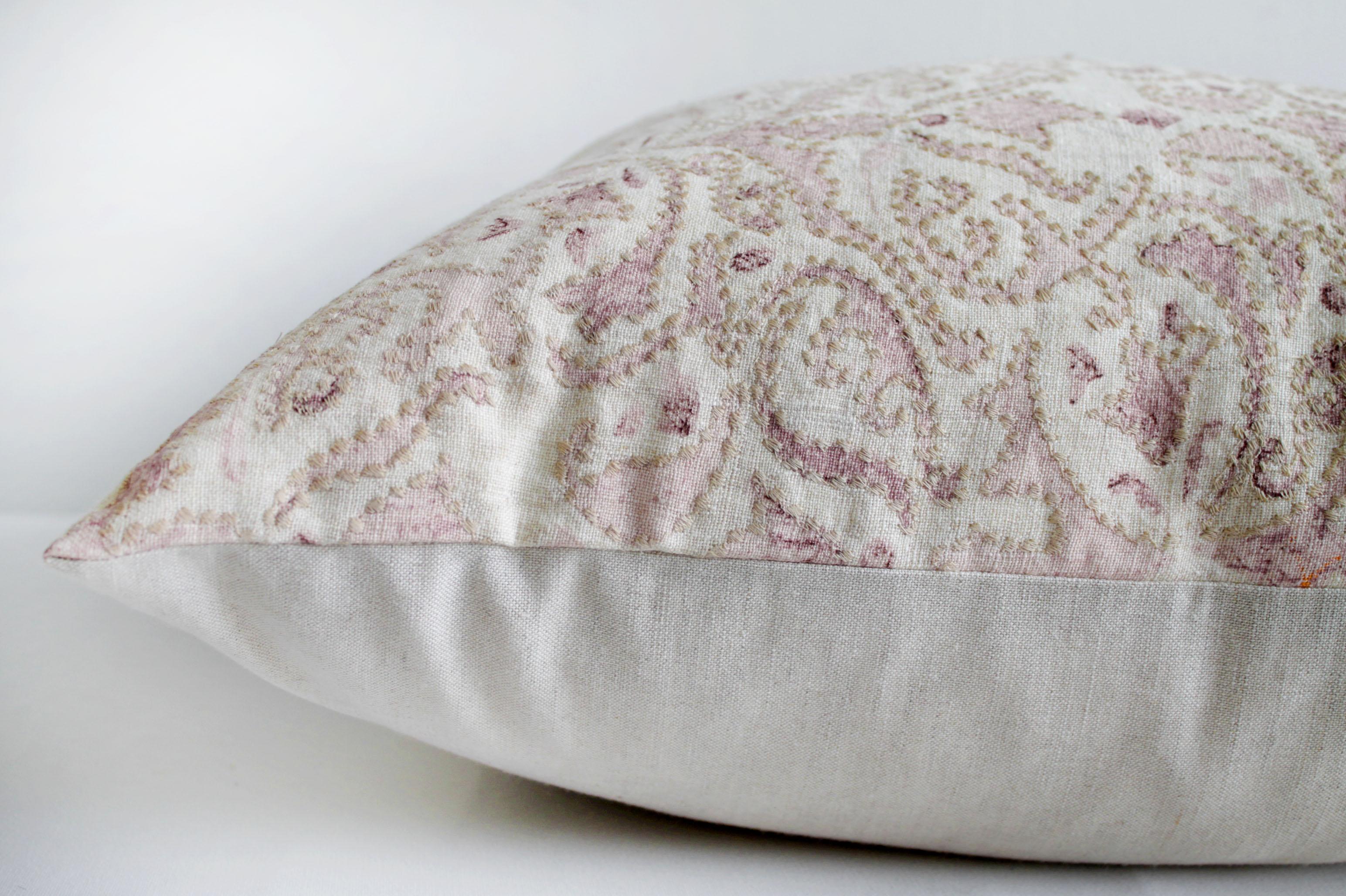 Embroidered Linen Pillow Cover in Blush Pinks and Natural Linen 2