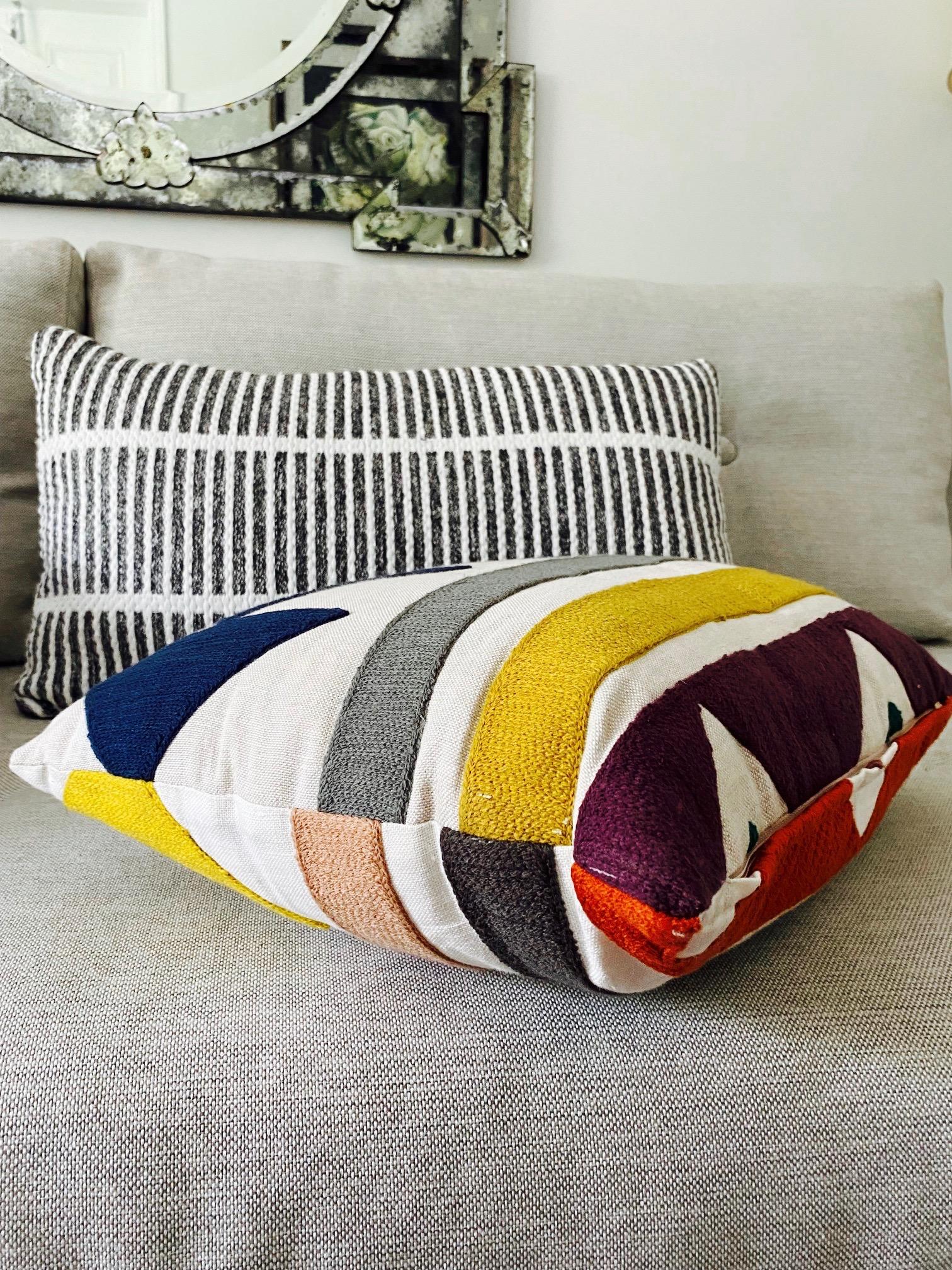 Contemporary Embroidered Linen Pillow with Geometric Motif in Pierre Frey's Indiana Textile